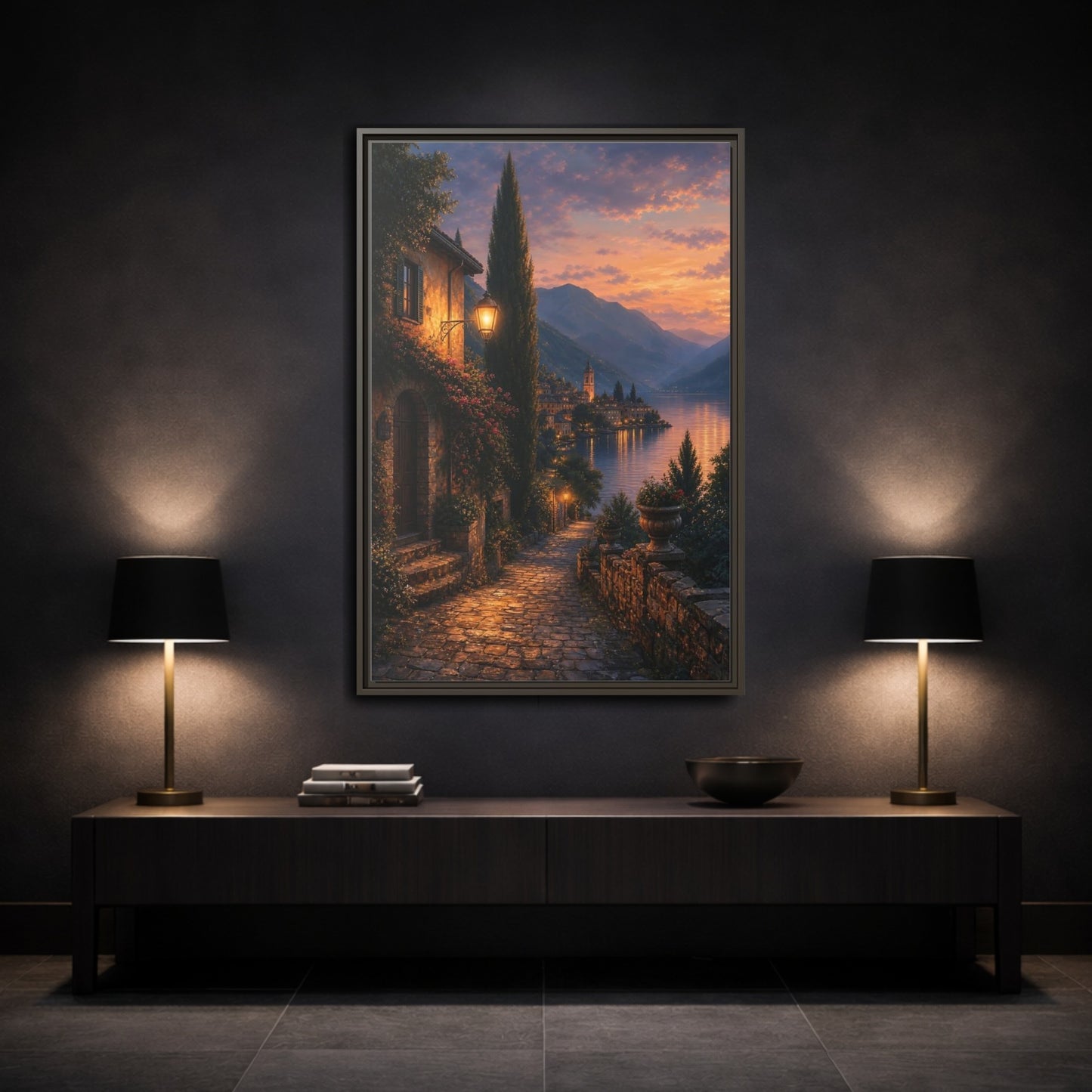 Mockup 3. Nature Lakeside Village Orange Blue Sunset shown as stretched canvas wall art