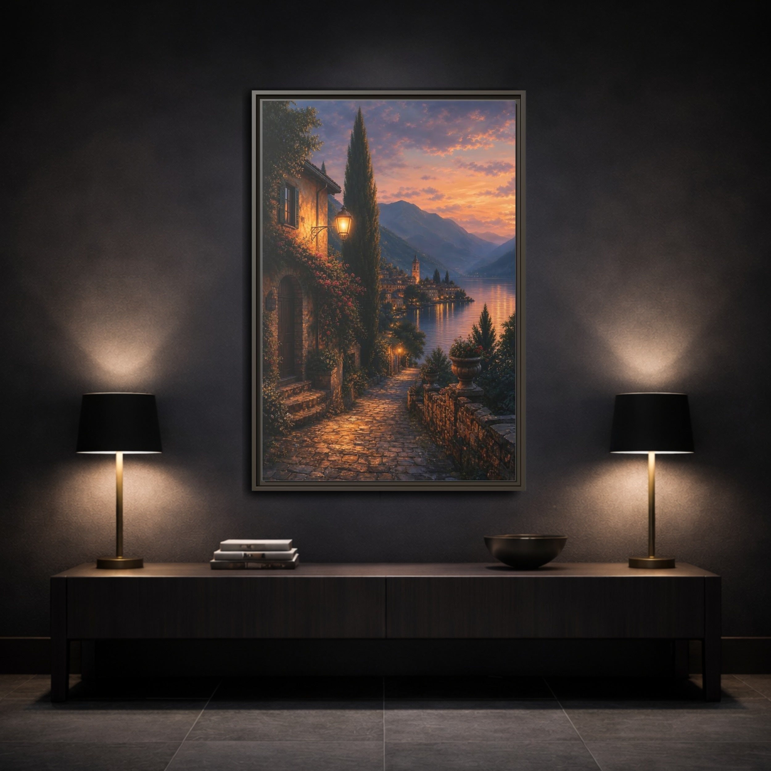 Mockup 3. Nature Lakeside Village Orange Blue Sunset shown as stretched canvas wall art