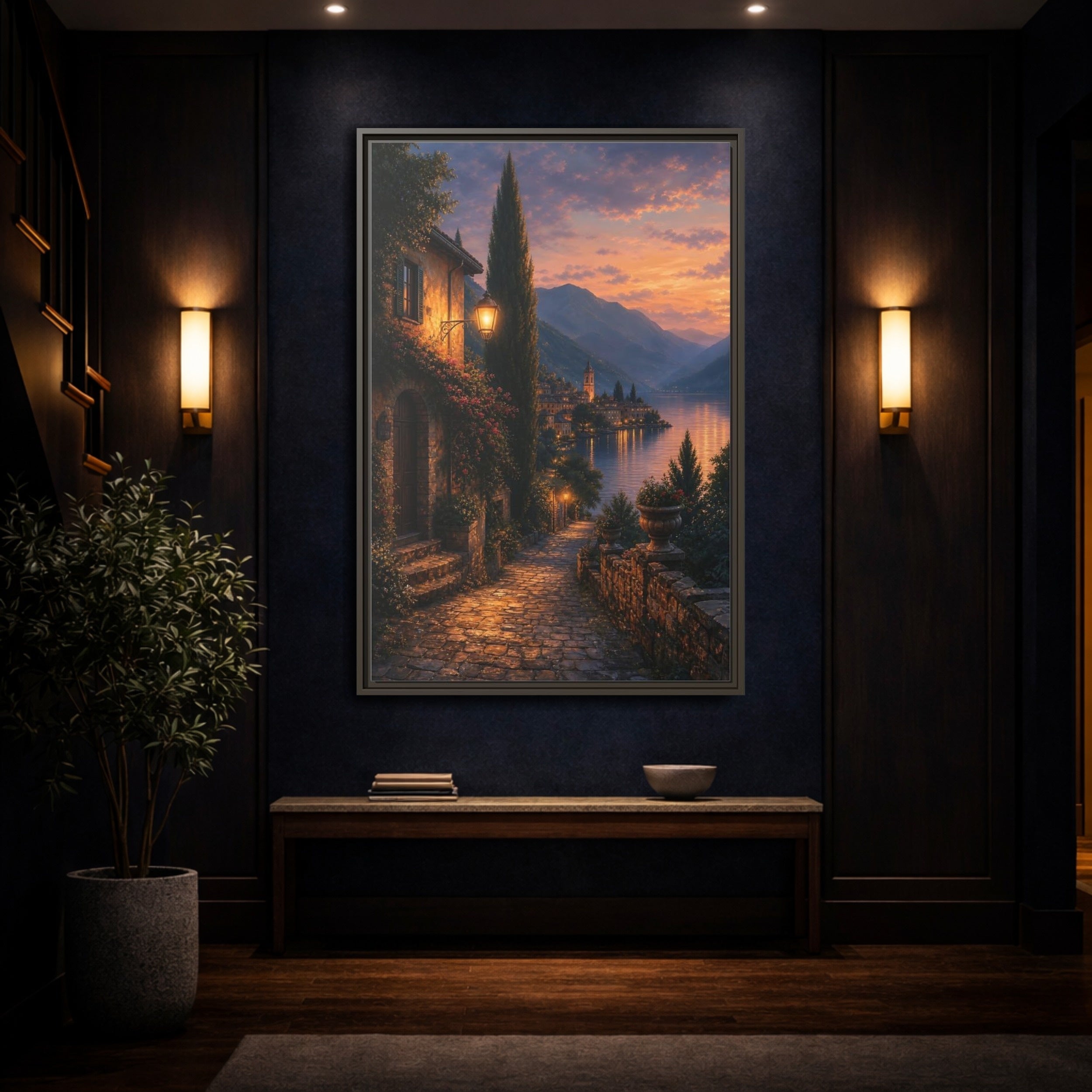 Mockup 4. Nature Lakeside Village Orange Blue Sunset shown as stretched canvas wall art