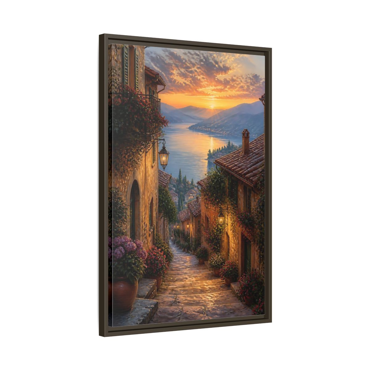 Side Mockup 11. Nature Lakeside Village Sunset Village Lake shown as stretched canvas wall art