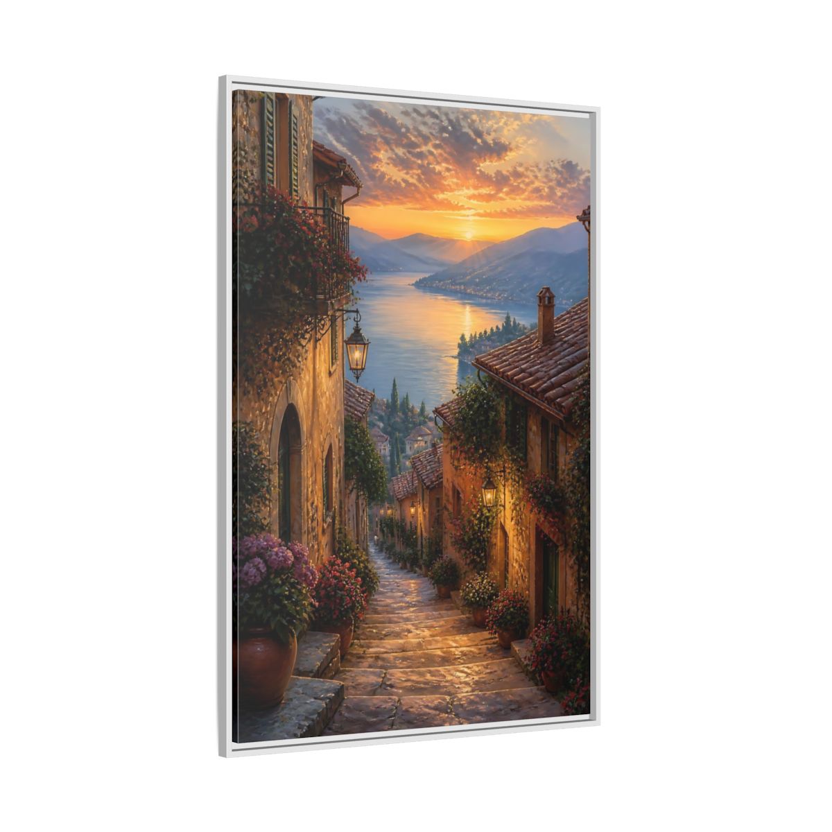 Side Mockup 7. Nature Lakeside Village Sunset Village Lake shown as stretched canvas wall art