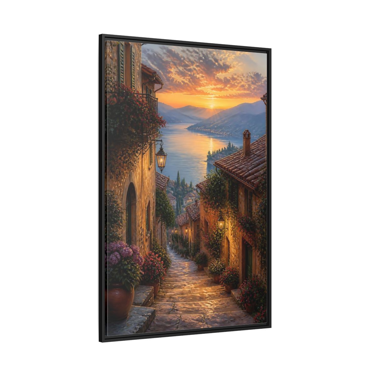 Side Mockup 12. Nature Lakeside Village Sunset Village Lake shown as stretched canvas wall art