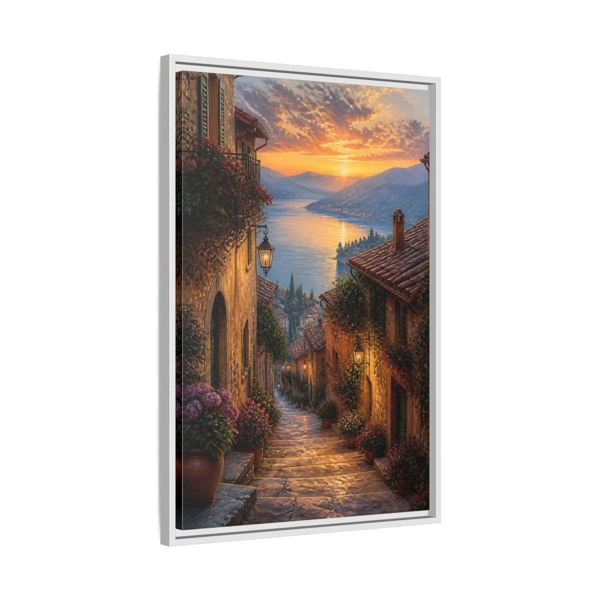 Side Mockup 10. Nature Lakeside Village Sunset Village Lake shown as stretched canvas wall art