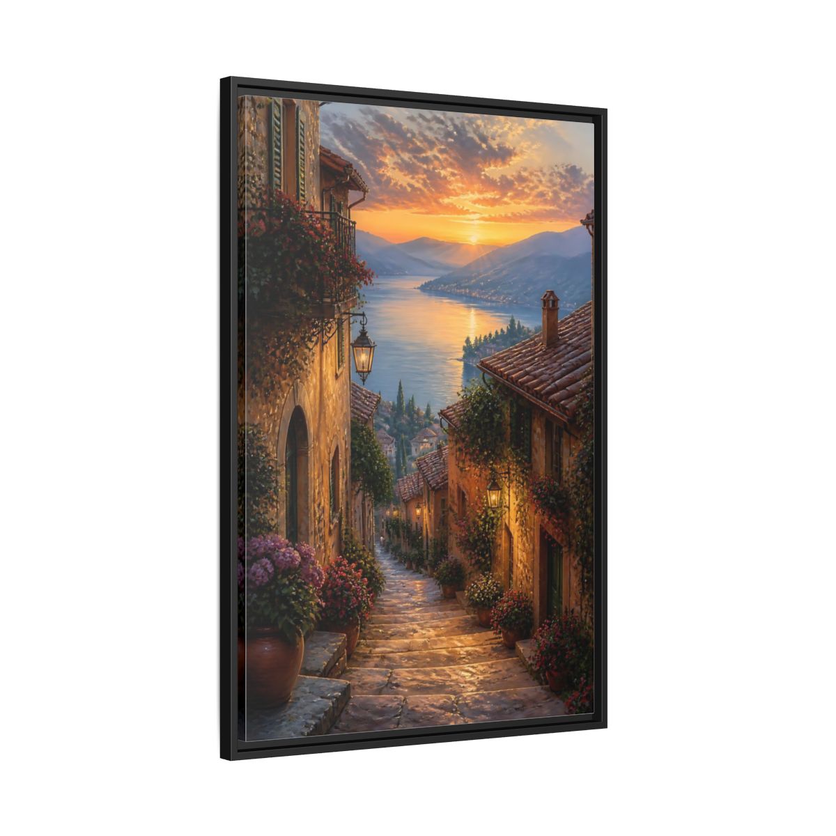 Side Mockup 13. Nature Lakeside Village Sunset Village Lake shown as stretched canvas wall art