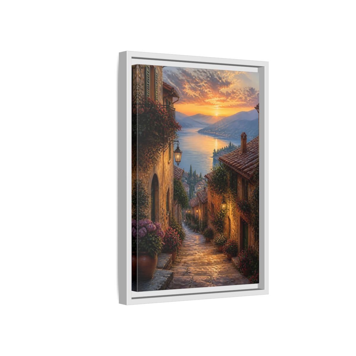 Side Mockup 4. Nature Lakeside Village Sunset Village Lake shown as stretched canvas wall art