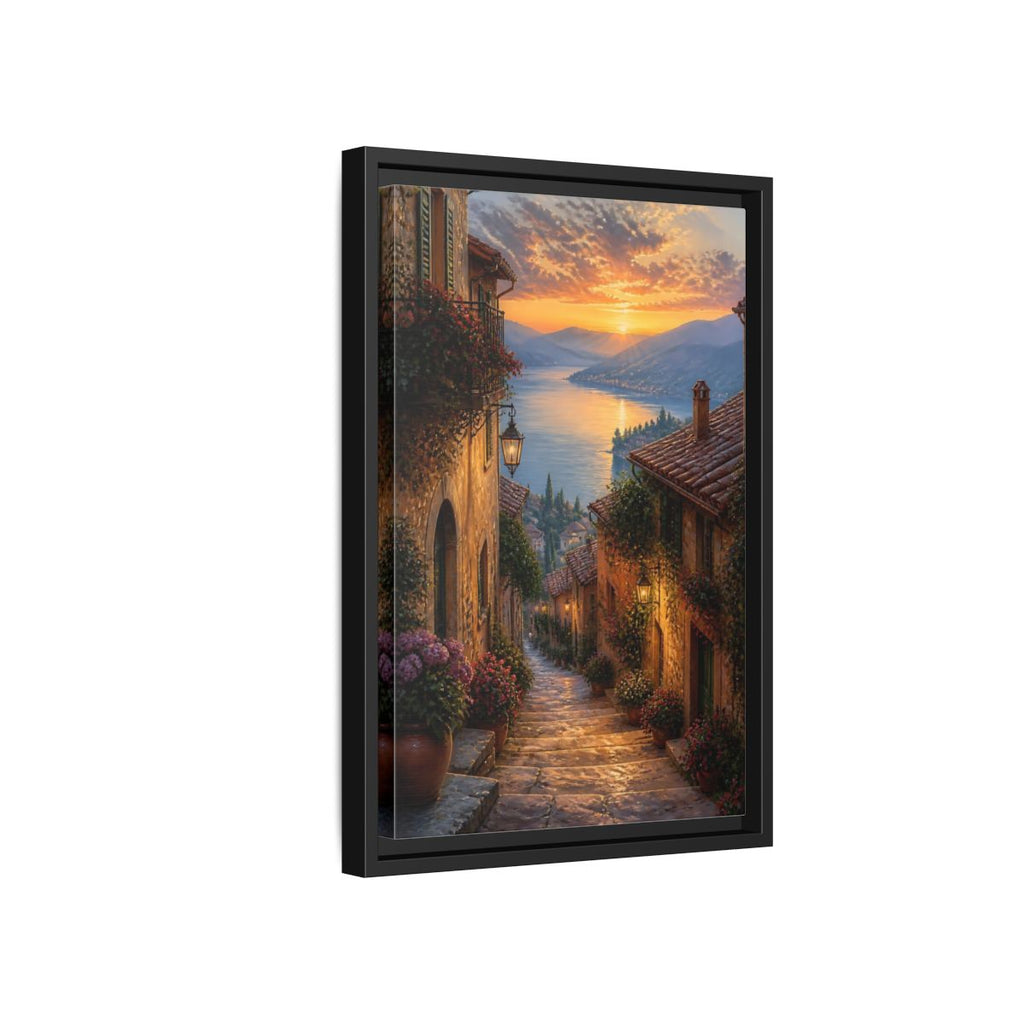 Side Mockup 6. Nature Lakeside Village Sunset Village Lake shown as stretched canvas wall art