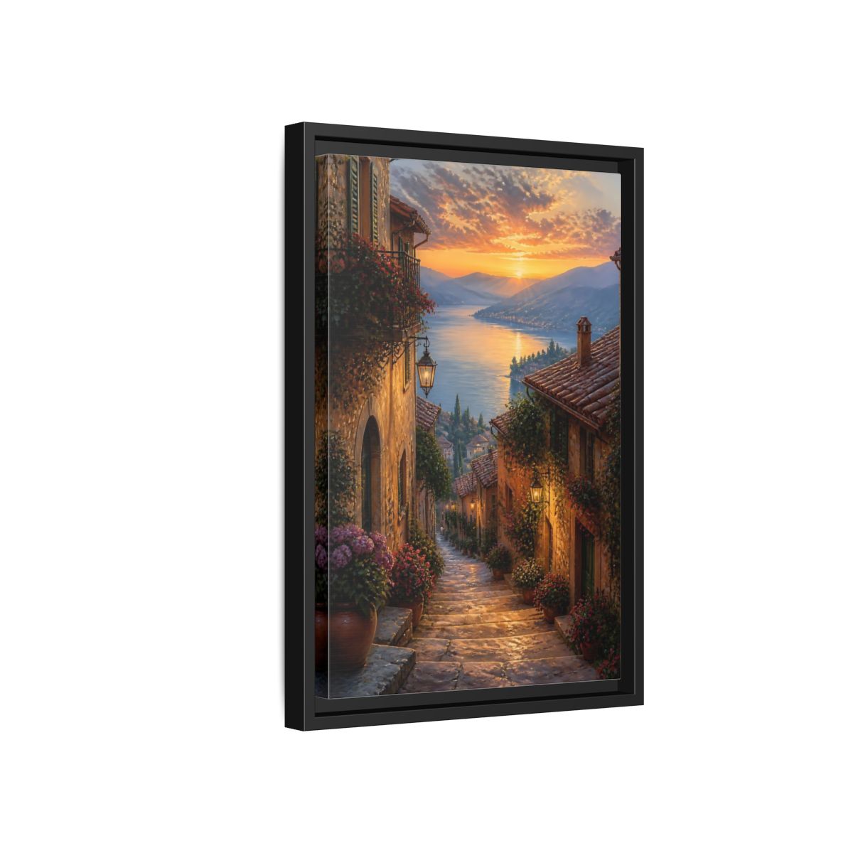 Side Mockup 6. Nature Lakeside Village Sunset Village Lake shown as stretched canvas wall art