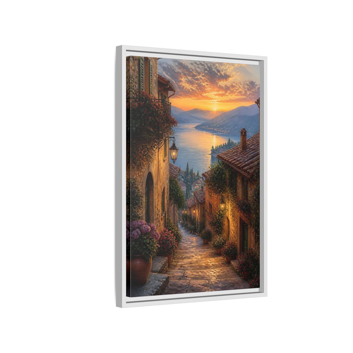 Side Mockup 1. Nature Lakeside Village Sunset Village Lake shown as stretched canvas wall art