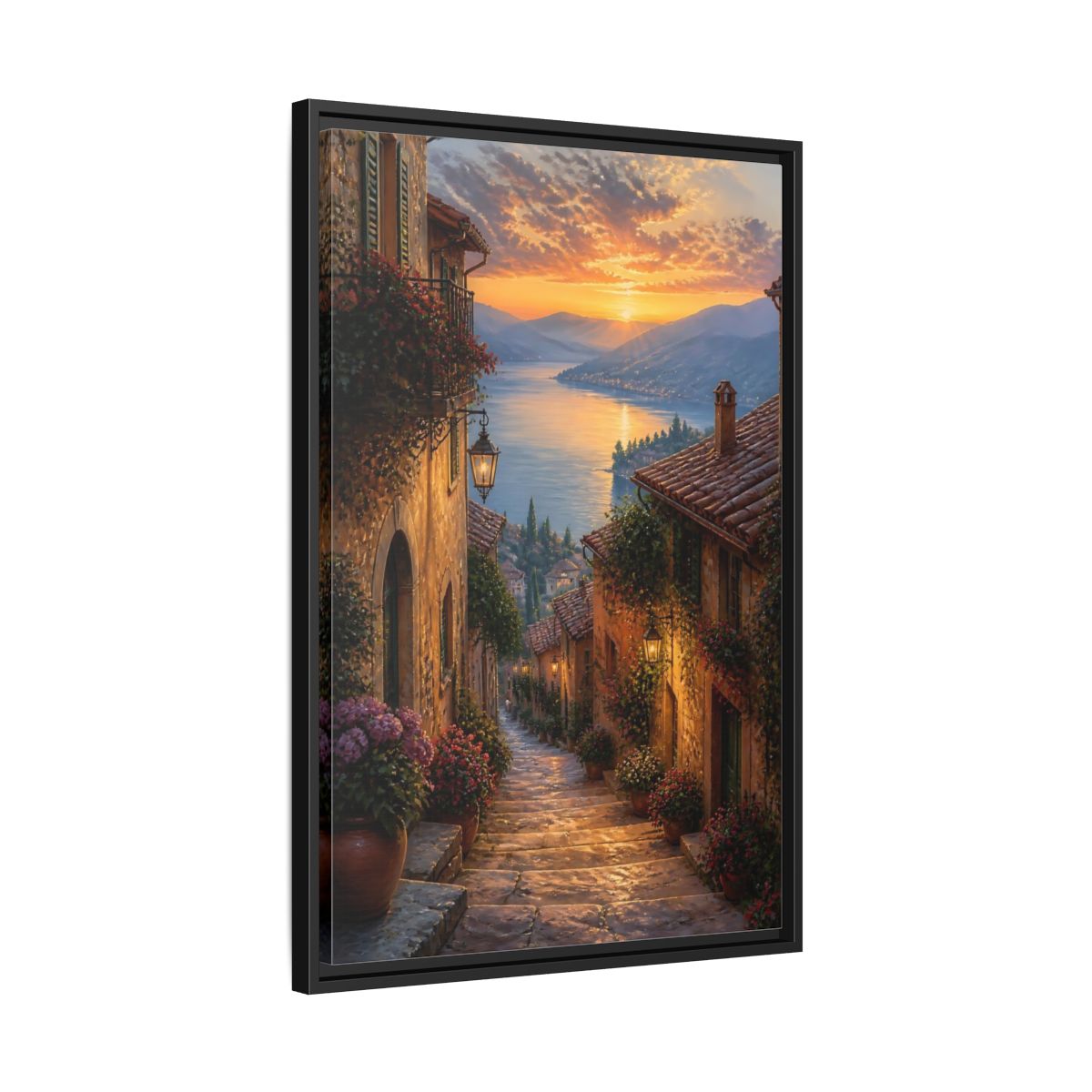 Side Mockup 14. Nature Lakeside Village Sunset Village Lake shown as stretched canvas wall art