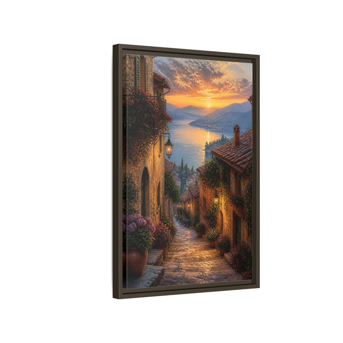 Side Mockup 2. Nature Lakeside Village Sunset Village Lake shown as stretched canvas wall art