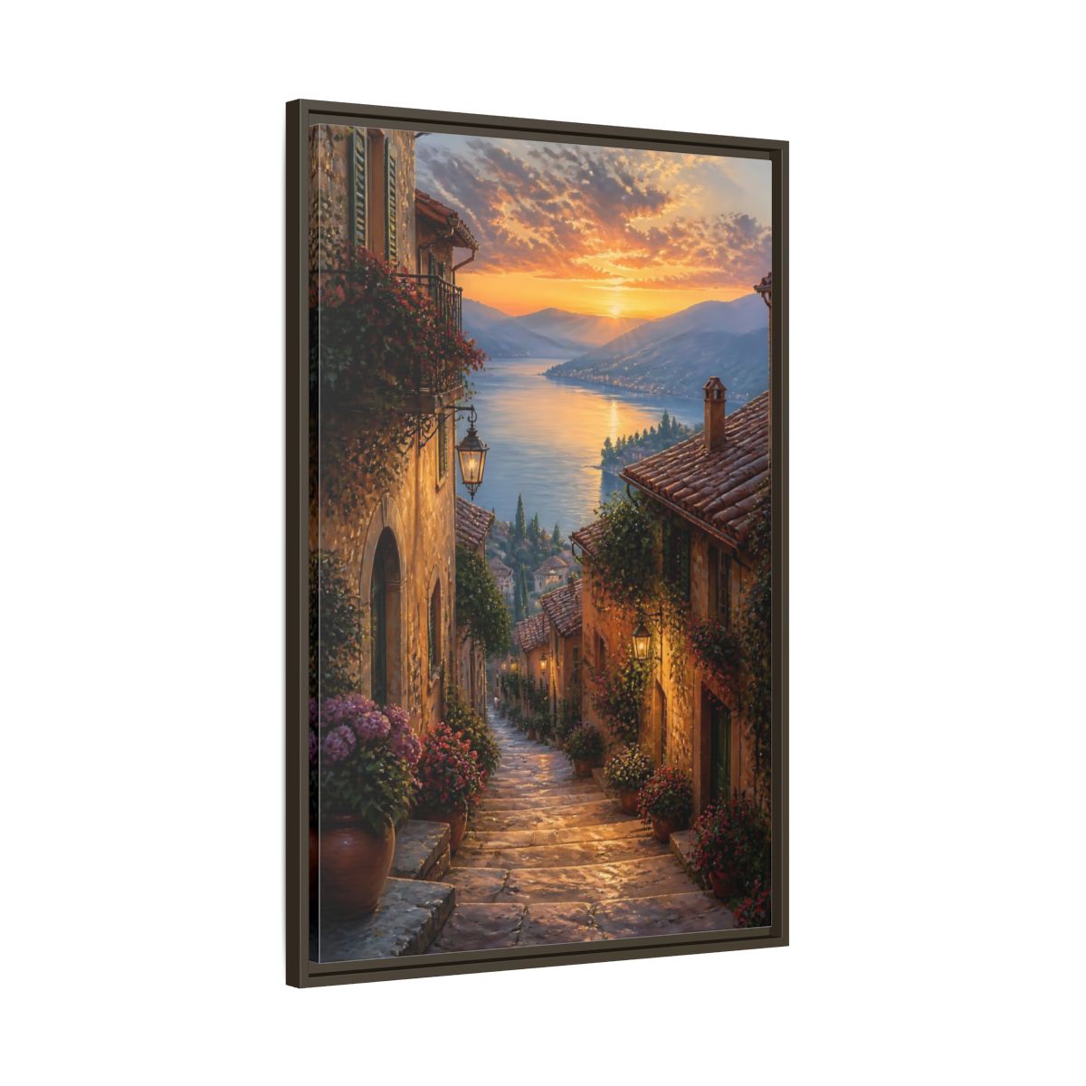 Main Mockup. Nature Lakeside Village Sunset Village Lake shown as stretched canvas wall art