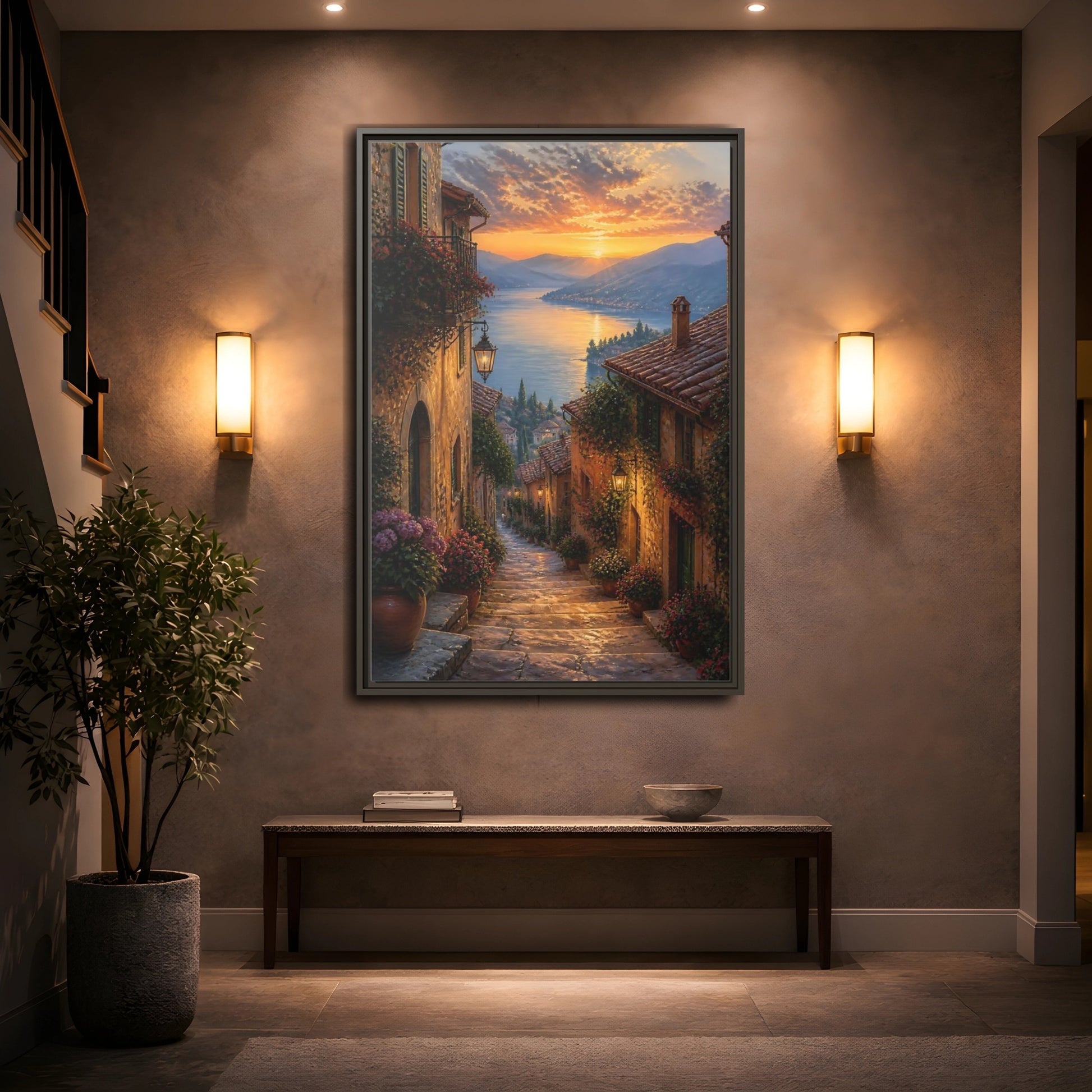 Mockup 2. Nature Lakeside Village Sunset Village Lake shown as stretched canvas wall art