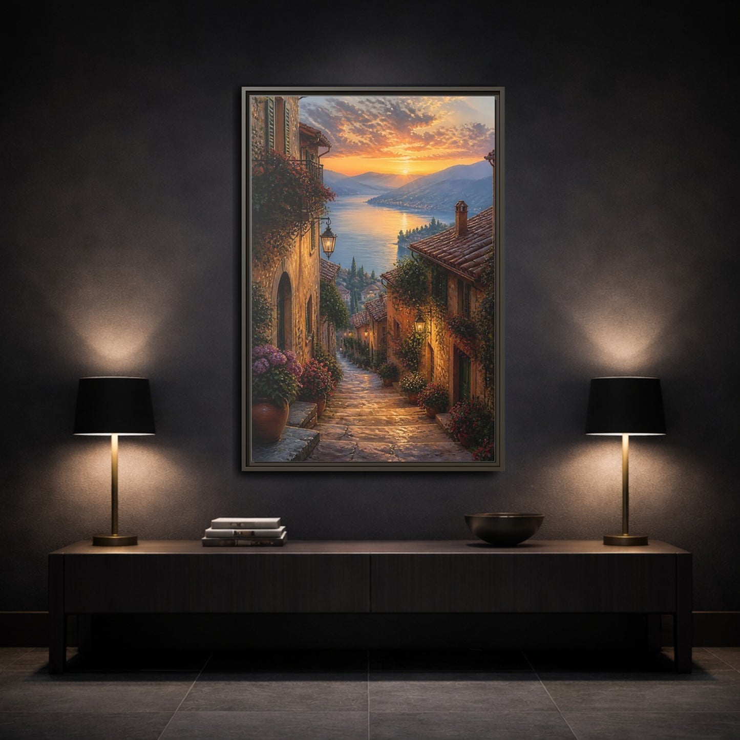 Mockup 3. Nature Lakeside Village Sunset Village Lake shown as stretched canvas wall art