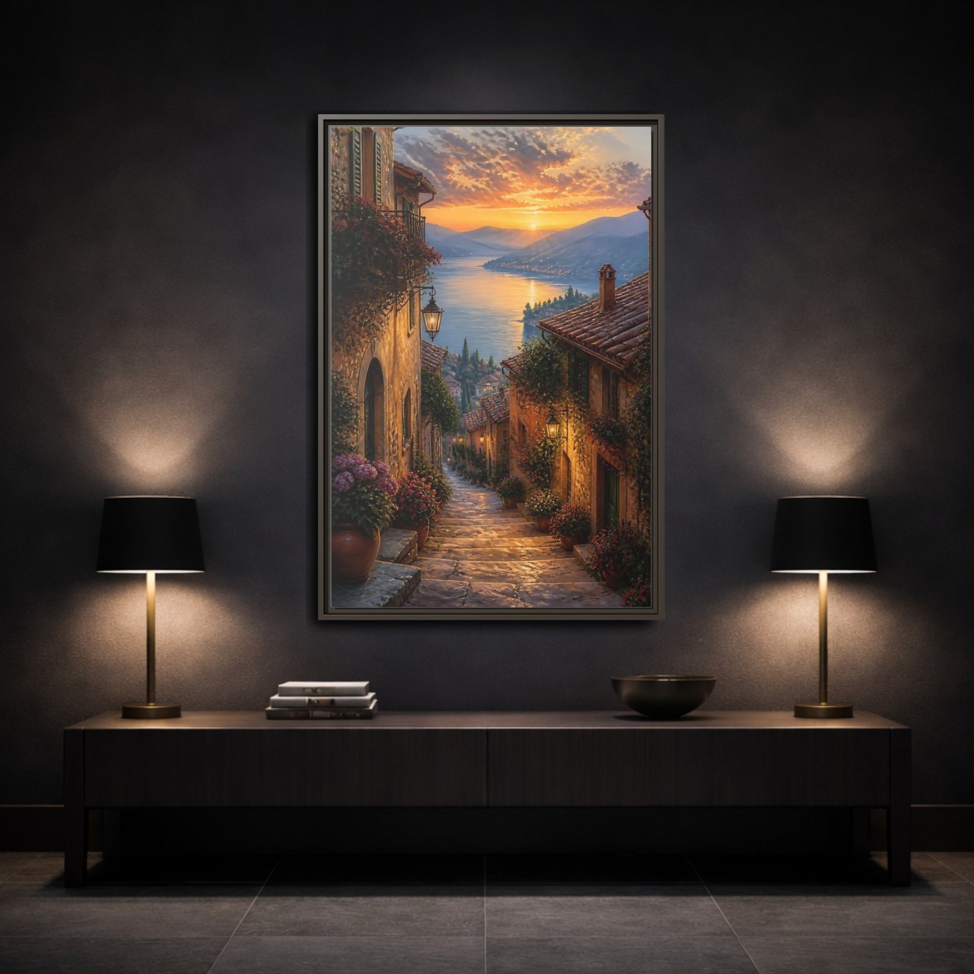 Mockup 3. Nature Lakeside Village Sunset Village Lake shown as stretched canvas wall art