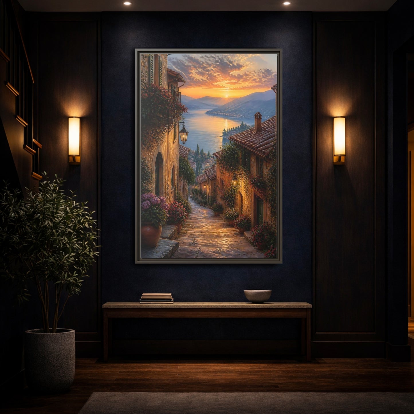 Mockup 4. Nature Lakeside Village Sunset Village Lake shown as stretched canvas wall art