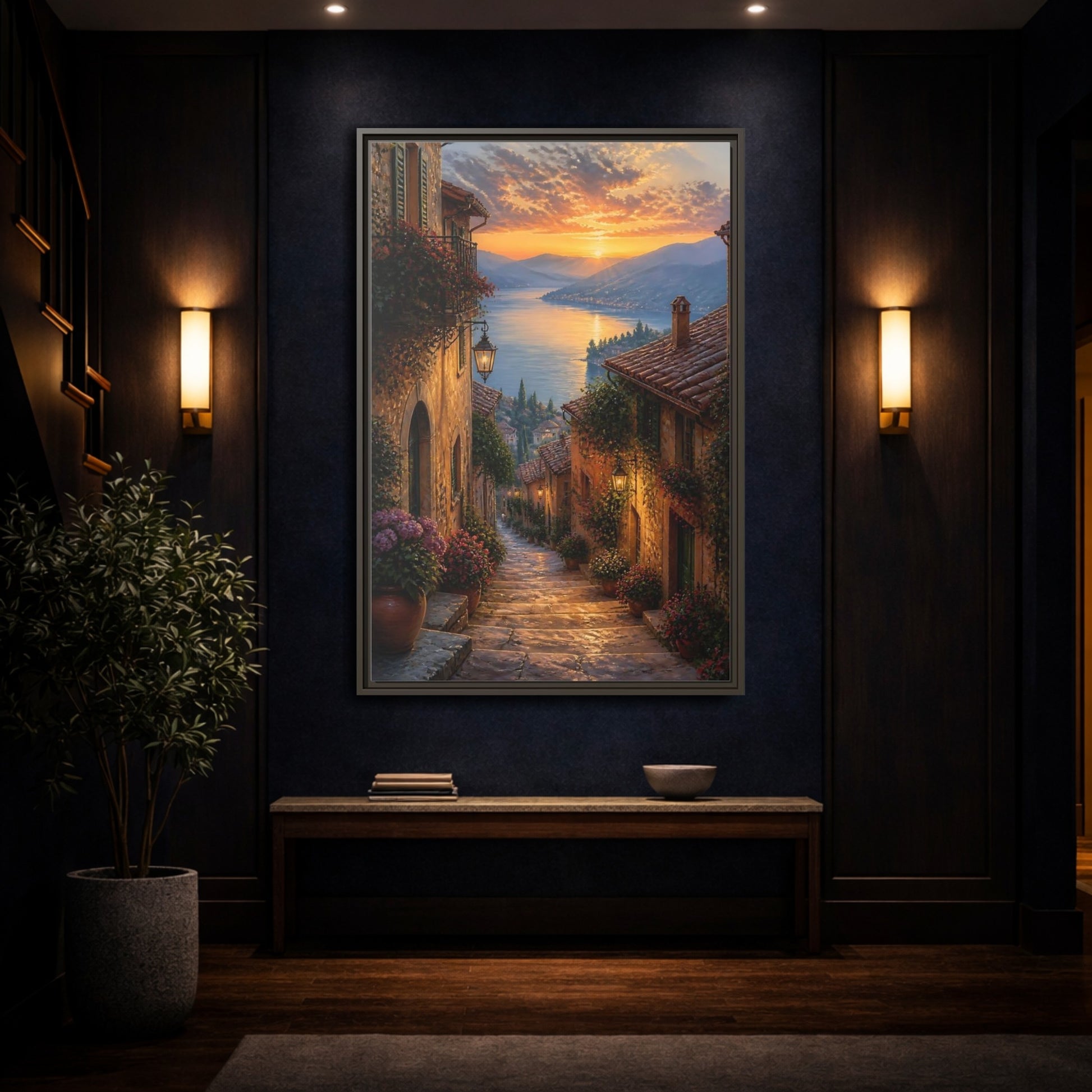 Mockup 4. Nature Lakeside Village Sunset Village Lake shown as stretched canvas wall art