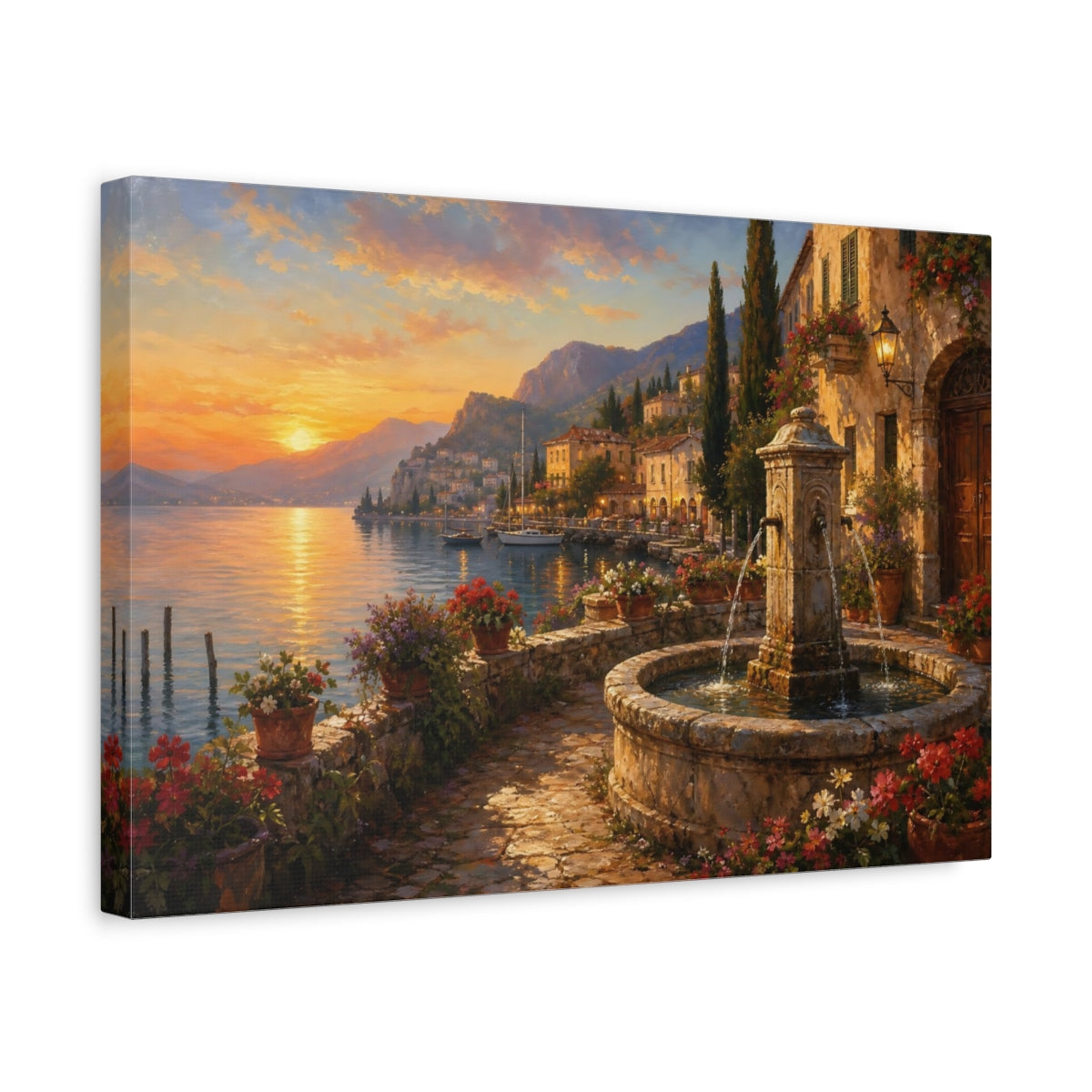 Side Mockup 4. Nature Lakeside Village Warm Lakeside Village shown as stretched canvas wall art