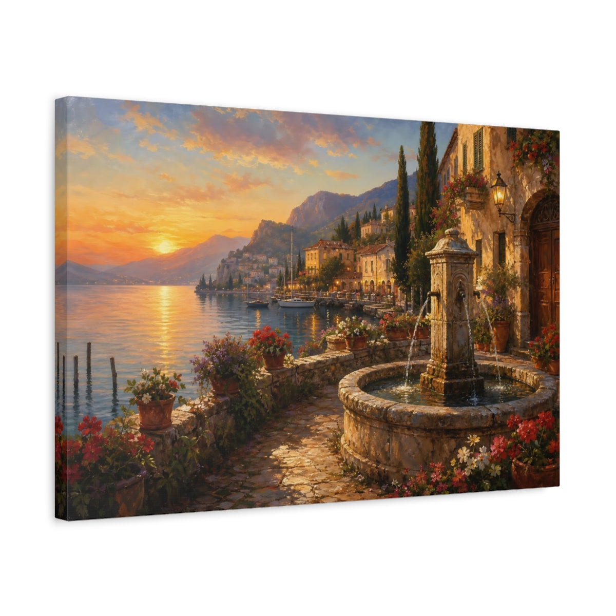 Side Mockup 3. Nature Lakeside Village Warm Lakeside Village shown as stretched canvas wall art