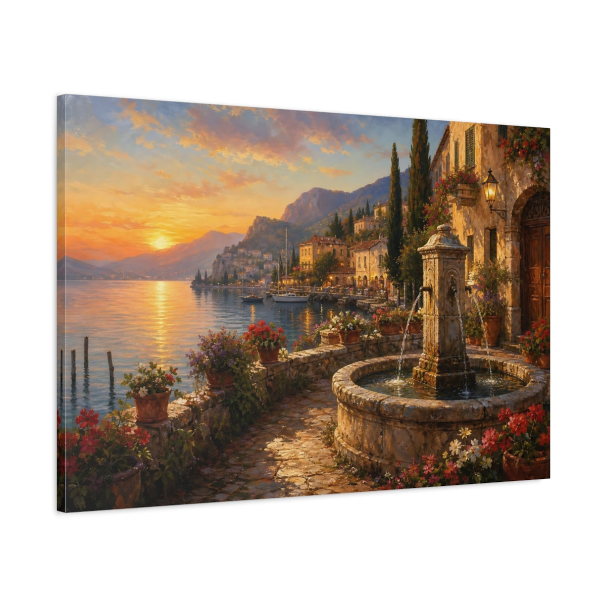 Main Mockup. Nature Lakeside Village Warm Lakeside Village shown as stretched canvas wall art
