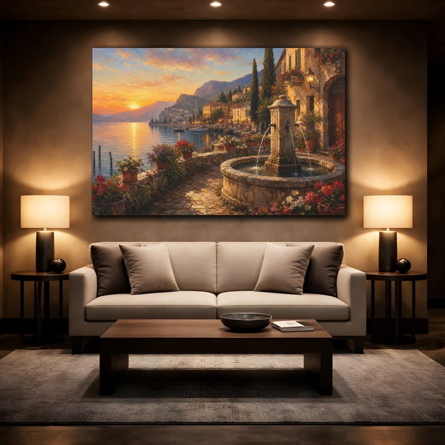 Mockup 2. Nature Lakeside Village Warm Lakeside Village shown as stretched canvas wall art