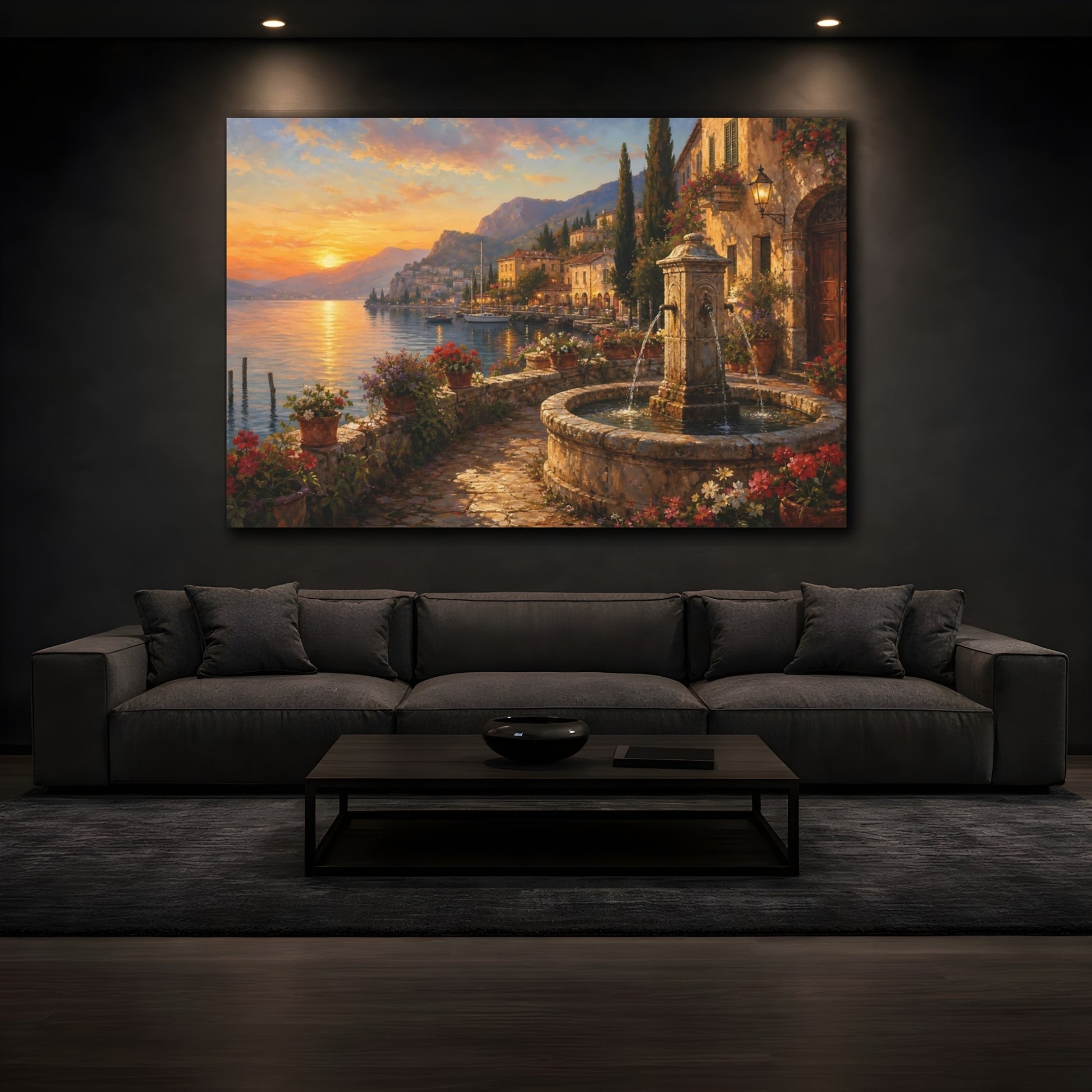 Mockup 3. Nature Lakeside Village Warm Lakeside Village shown as stretched canvas wall art