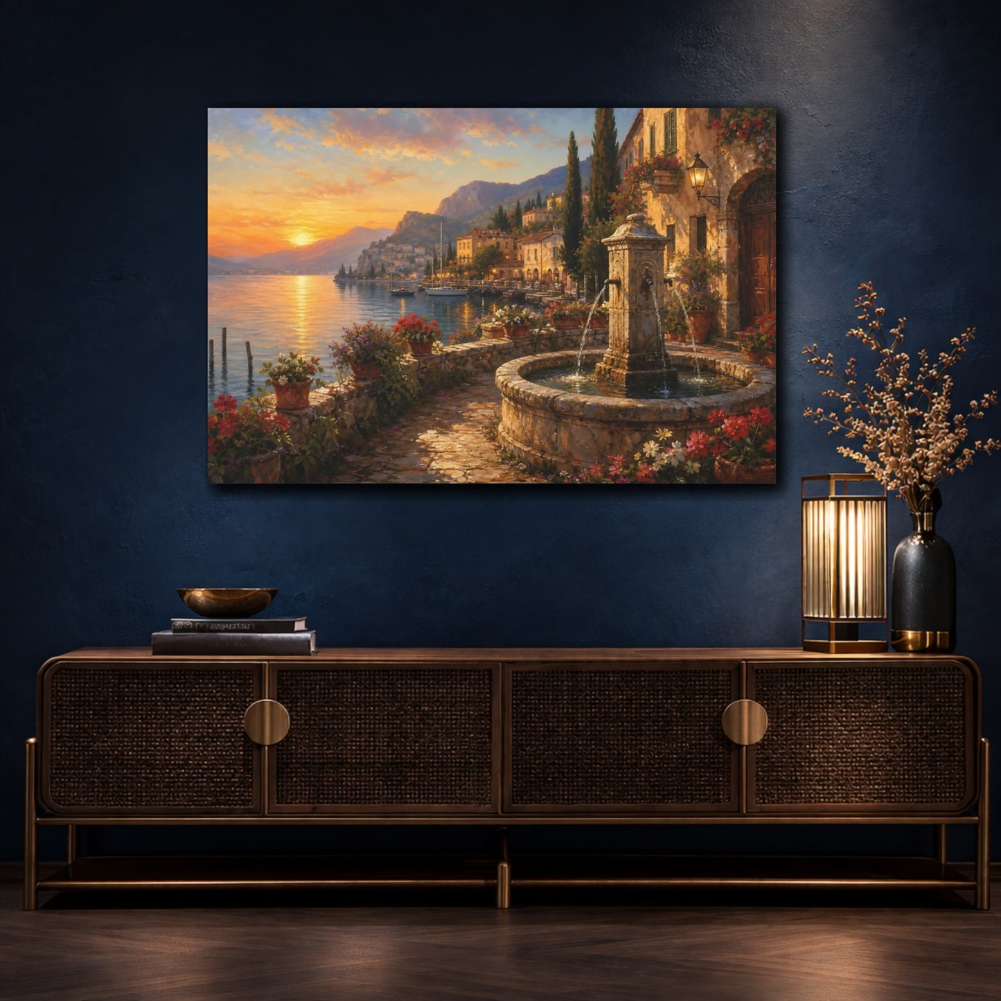 Mockup 4. Nature Lakeside Village Warm Lakeside Village shown as stretched canvas wall art