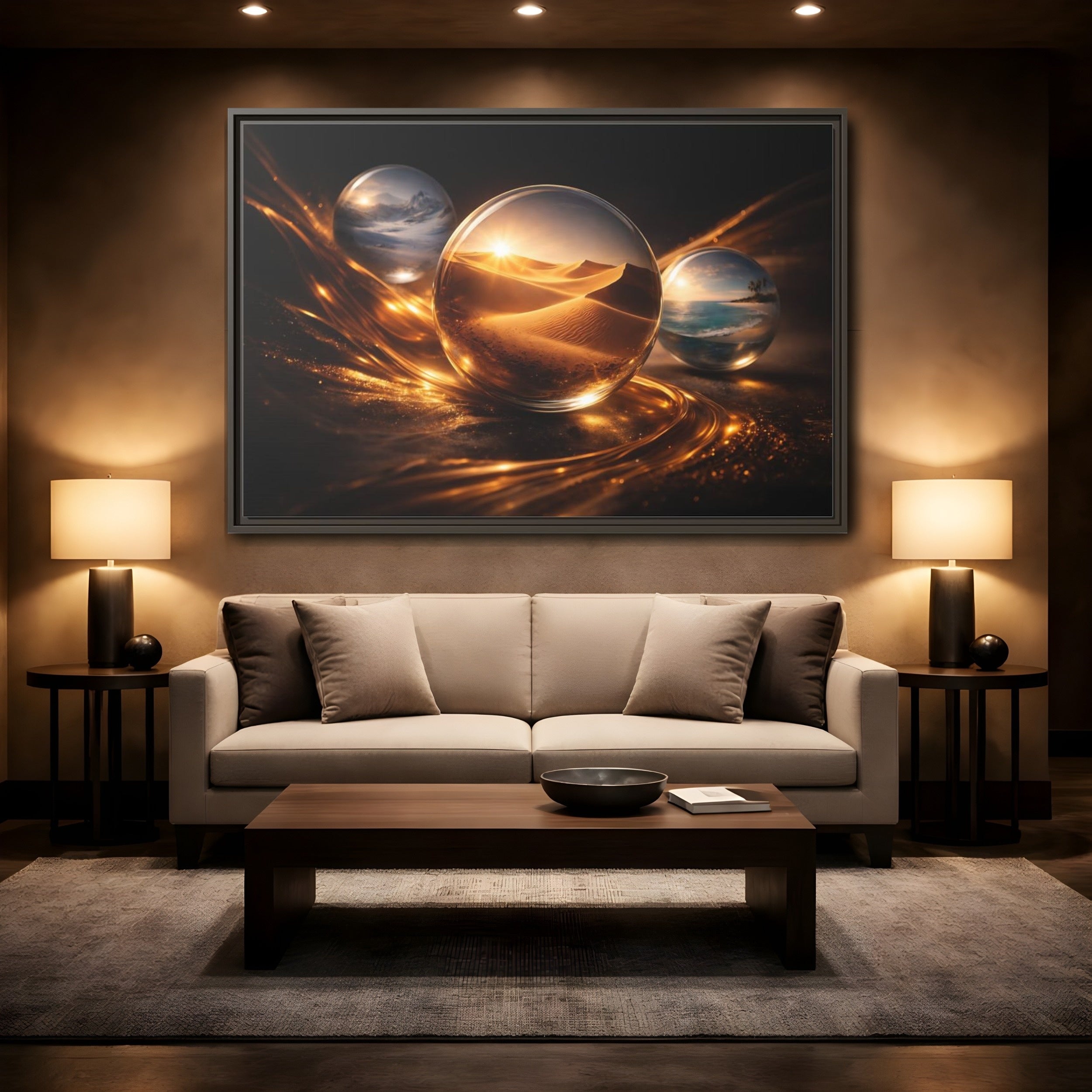 Mockup 2. Nature Landscape Orbs Golden Landscape Orbs shown as stretched canvas wall art