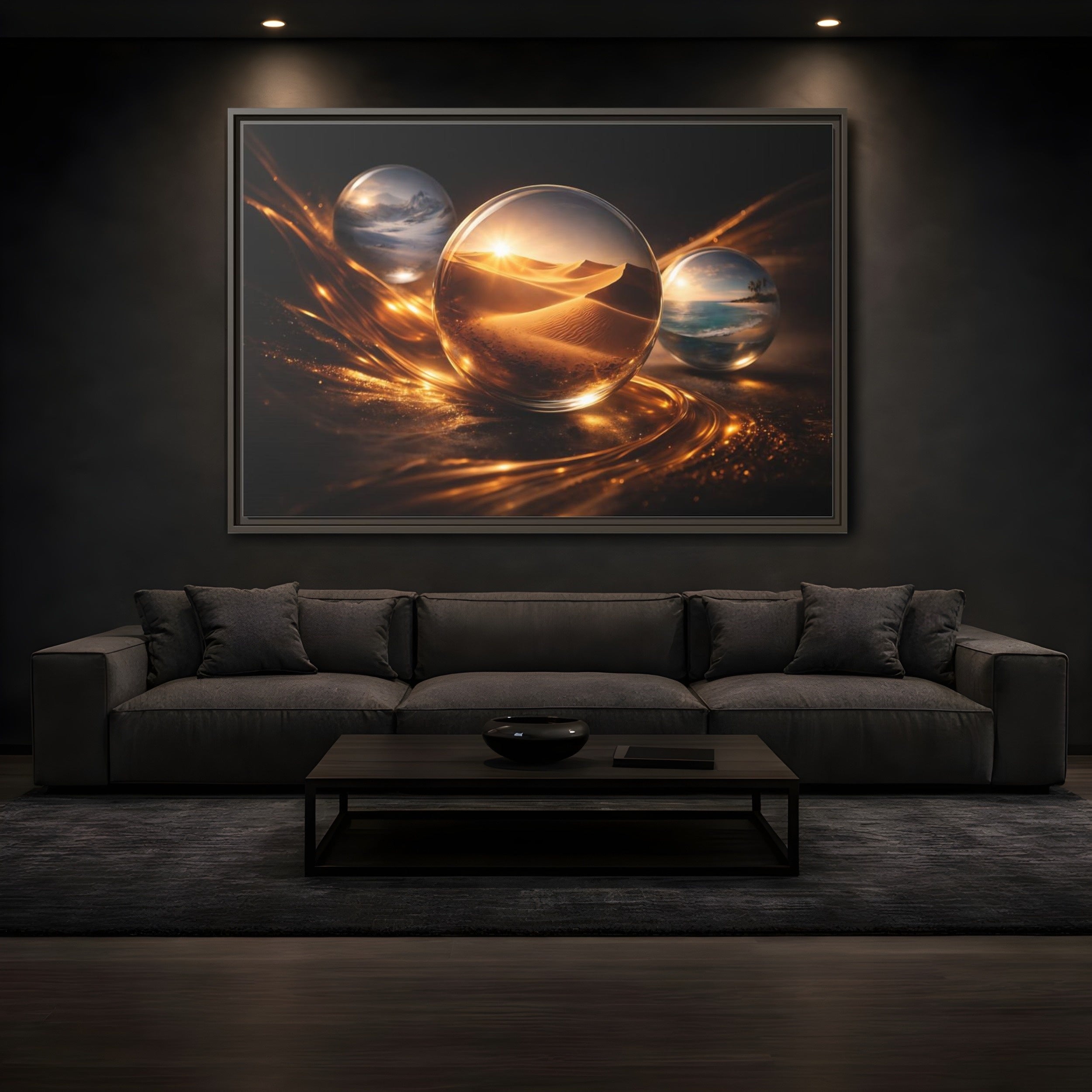 Mockup 3. Nature Landscape Orbs Golden Landscape Orbs shown as stretched canvas wall art