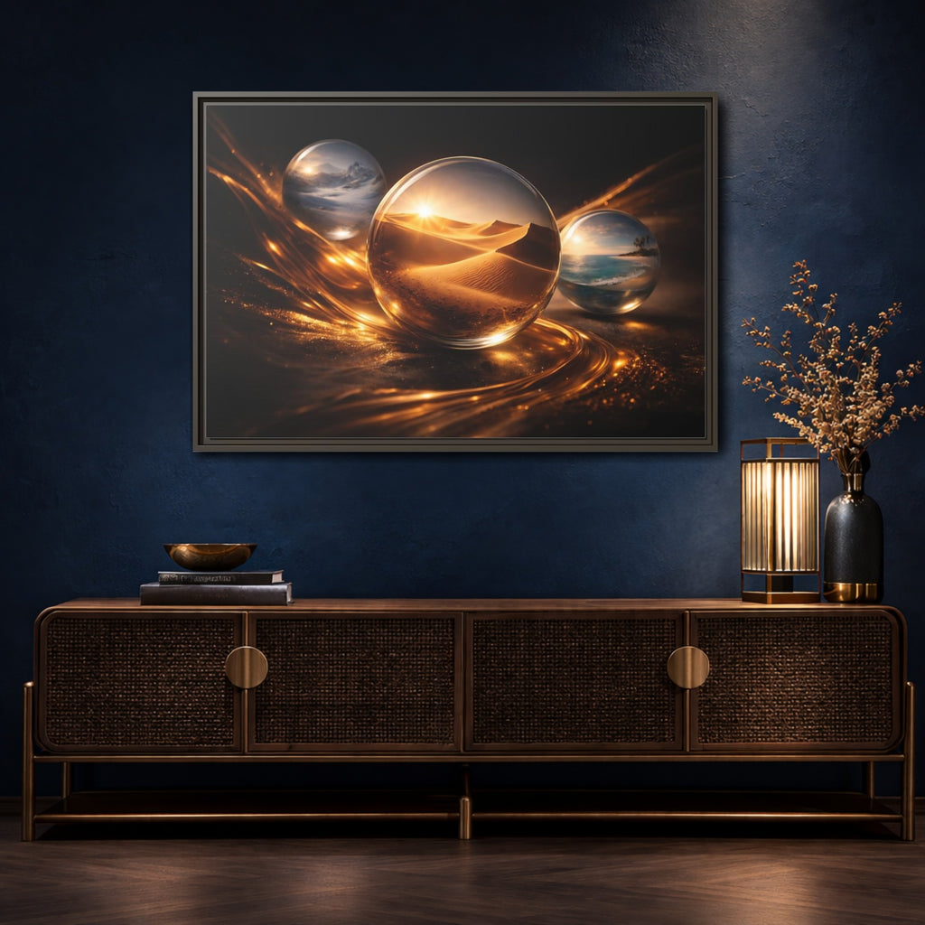 Mockup 4. Nature Landscape Orbs Golden Landscape Orbs shown as stretched canvas wall art