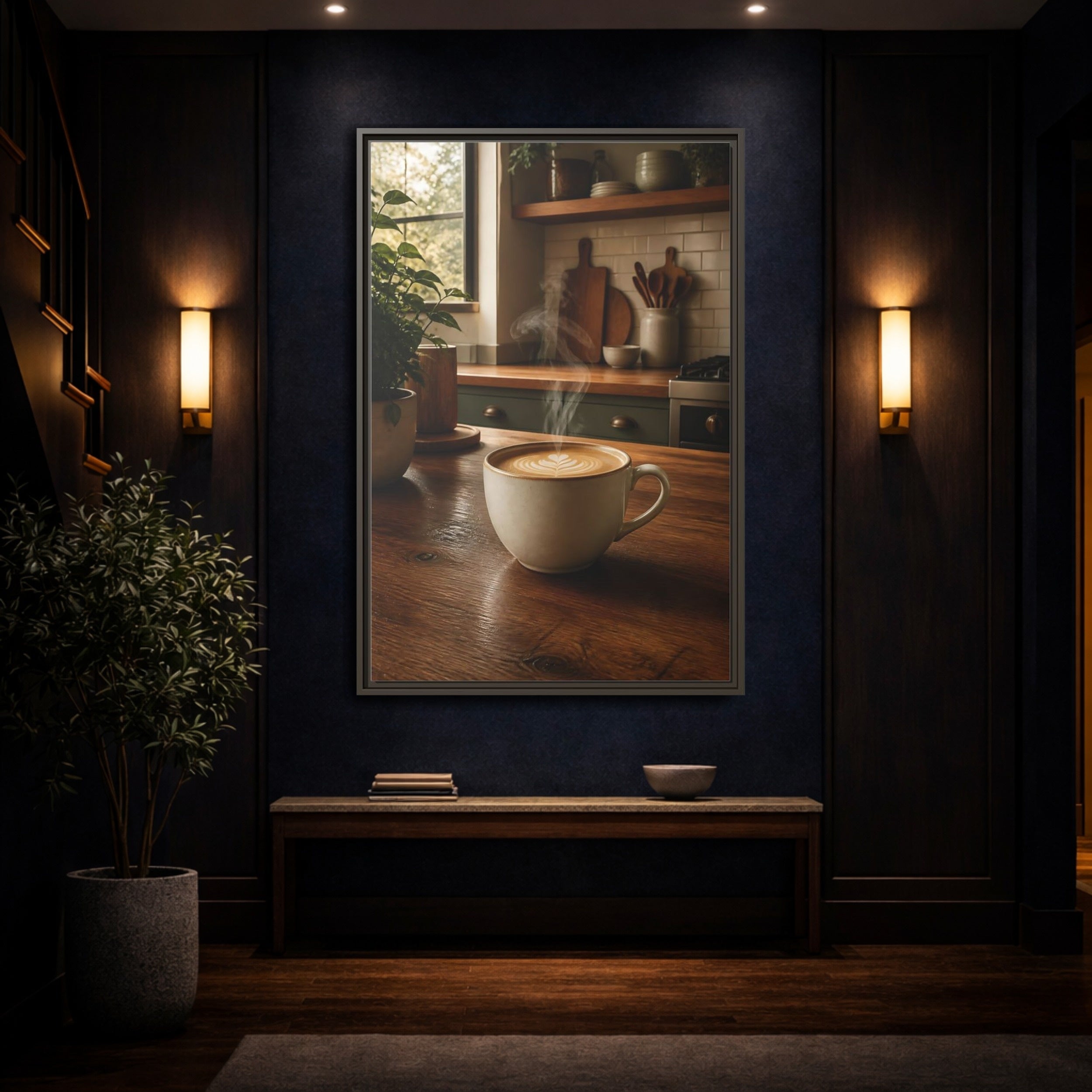 Mockup 4. Nature Latte Coffee Kitchen Art shown as stretched canvas wall art