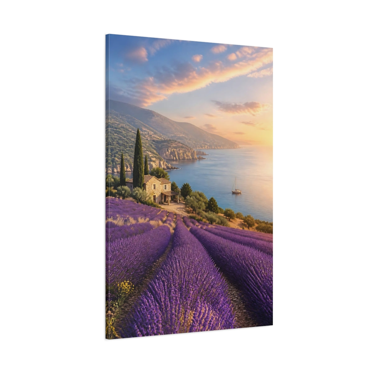 Side Mockup 1. Nature Lavender Field Lavender Coast Sunset shown as stretched canvas wall art