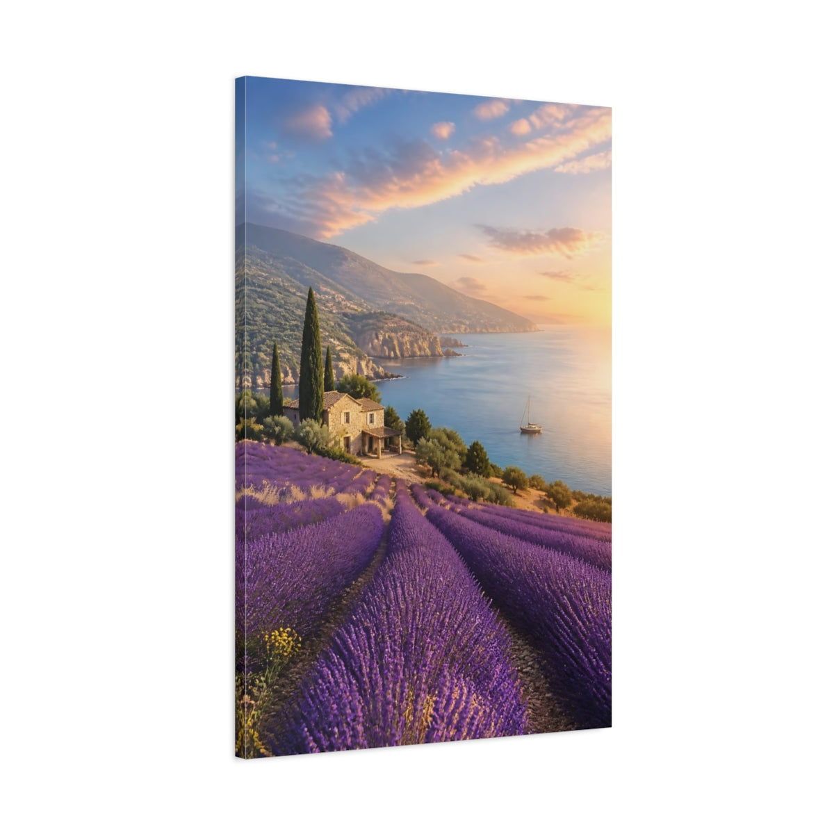 Main Mockup. Nature Lavender Field Lavender Coast Sunset shown as stretched canvas wall art
