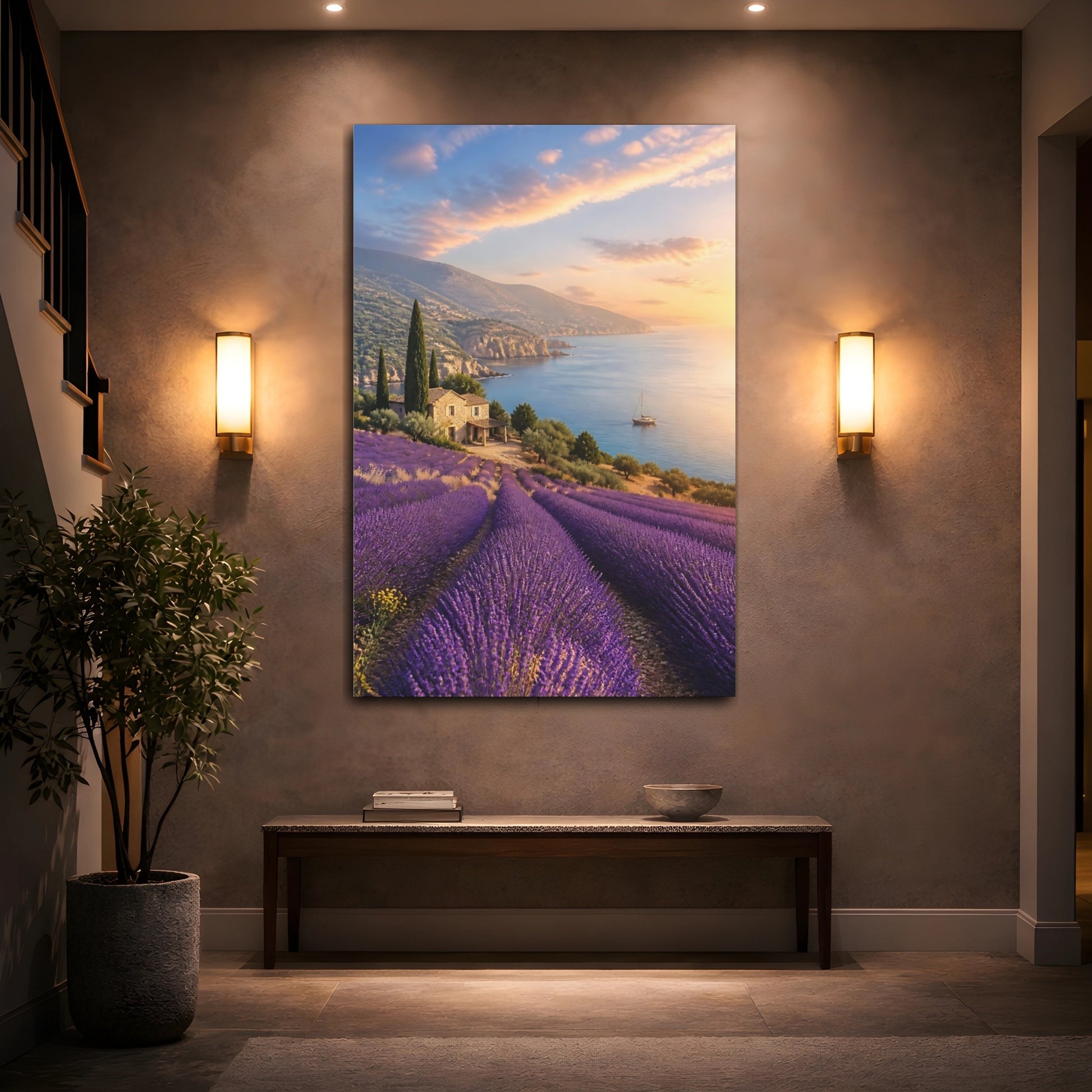 Mockup 2. Nature Lavender Field Lavender Coast Sunset shown as stretched canvas wall art