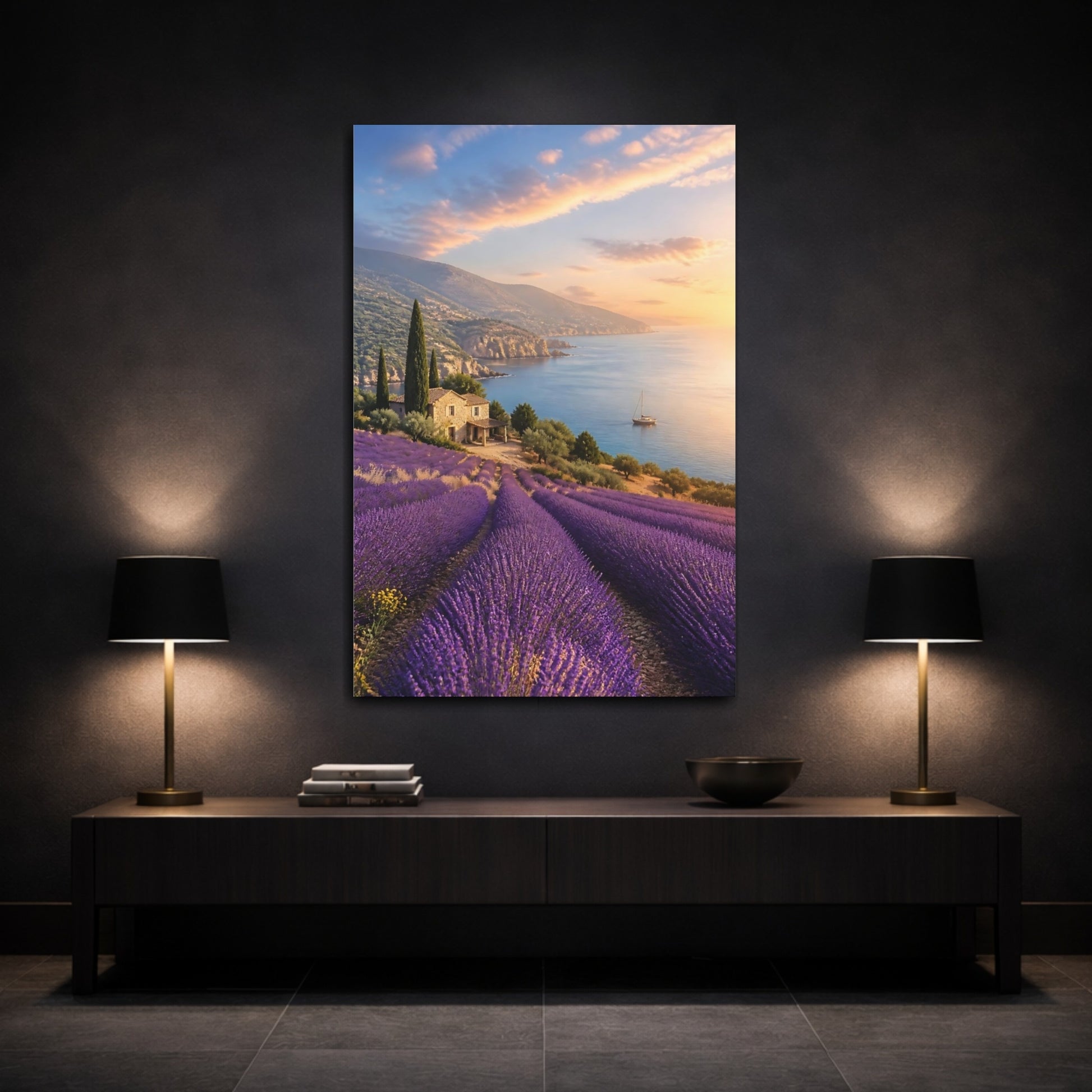 Mockup 3. Nature Lavender Field Lavender Coast Sunset shown as stretched canvas wall art