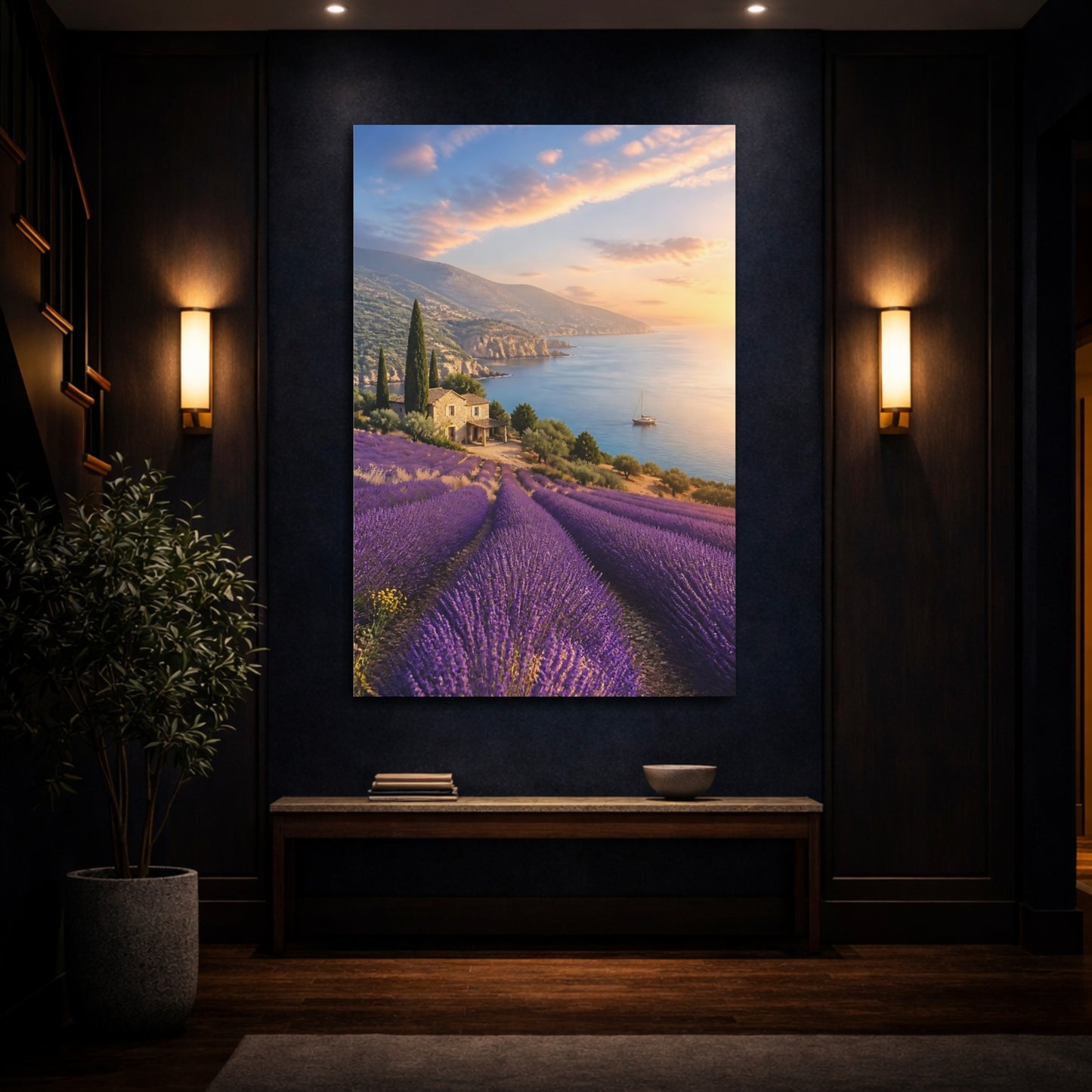Mockup 4. Nature Lavender Field Lavender Coast Sunset shown as stretched canvas wall art