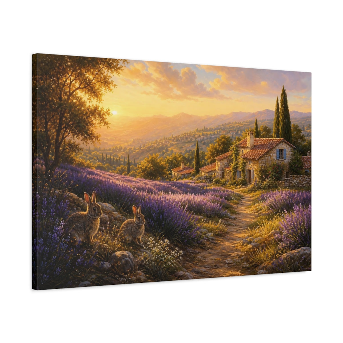 Main Mockup. Nature Lavender Field Lavender Sunset shown as stretched canvas wall art