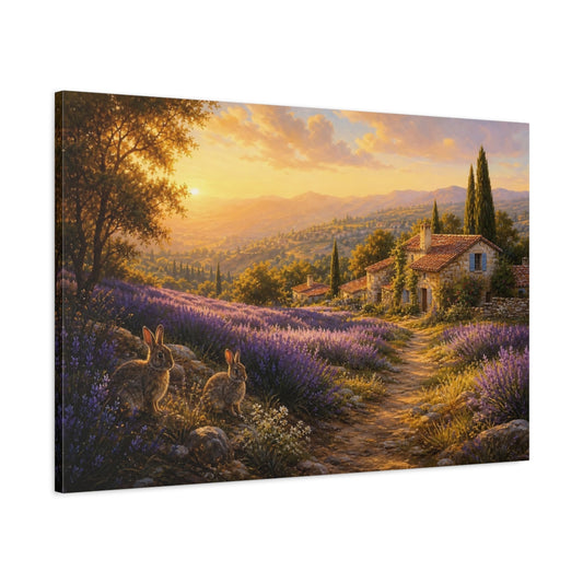 Main Mockup. Nature Lavender Field Lavender Sunset shown as stretched canvas wall art