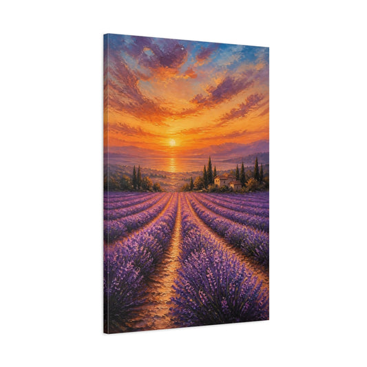 Main Mockup. Nature Lavender Field Lavender Sunset shown as stretched canvas wall art