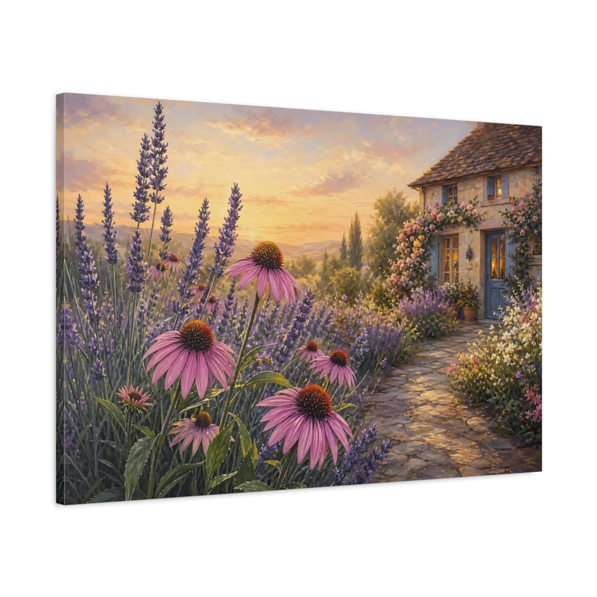 Main Mockup. Nature Lavender Field Lavender Sunset shown as stretched canvas wall art