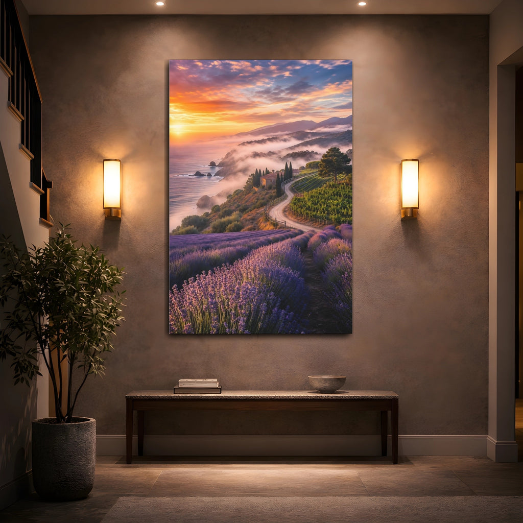 Mockup 2. Nature Lavender Field Lavender Sunset Landscape shown as stretched canvas wall art