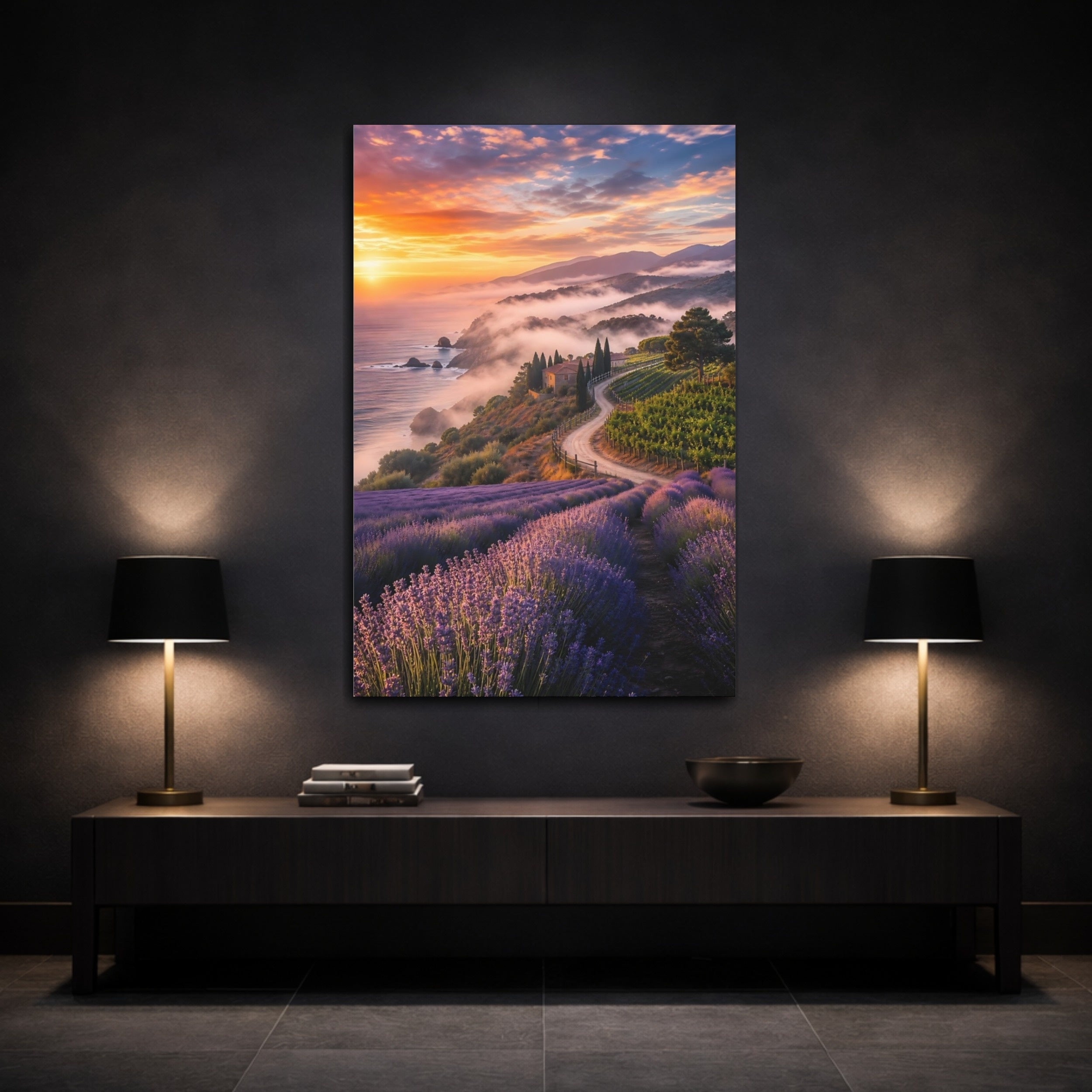 Mockup 3. Nature Lavender Field Lavender Sunset Landscape shown as stretched canvas wall art
