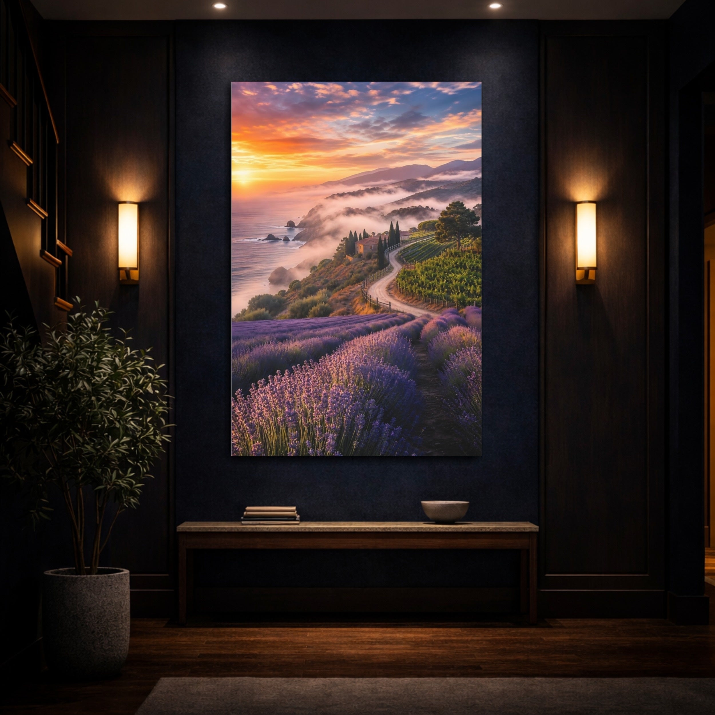 Mockup 4. Nature Lavender Field Lavender Sunset Landscape shown as stretched canvas wall art