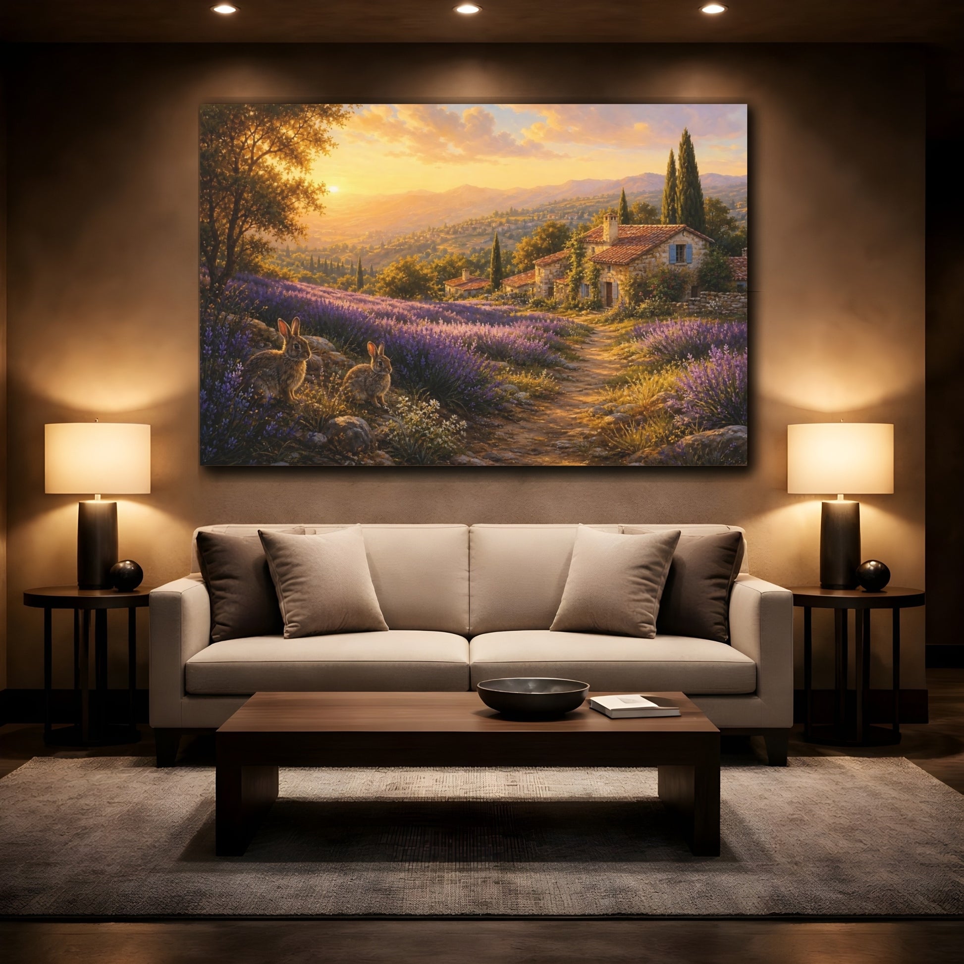 Mockup 2. Nature Lavender Field Lavender Sunset shown as stretched canvas wall art