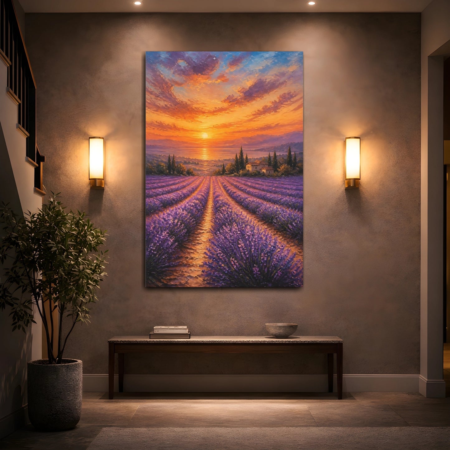 Mockup 2. Nature Lavender Field Lavender Sunset shown as stretched canvas wall art