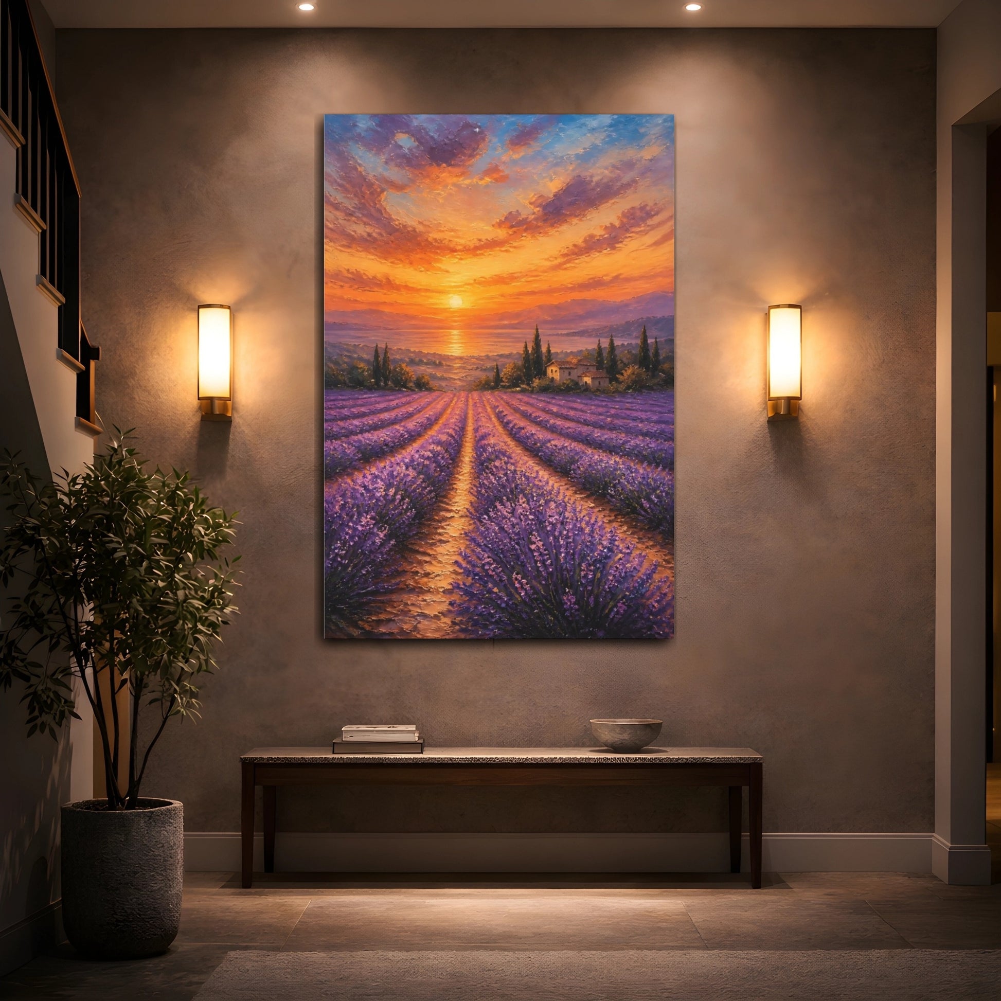 Mockup 2. Nature Lavender Field Lavender Sunset shown as stretched canvas wall art