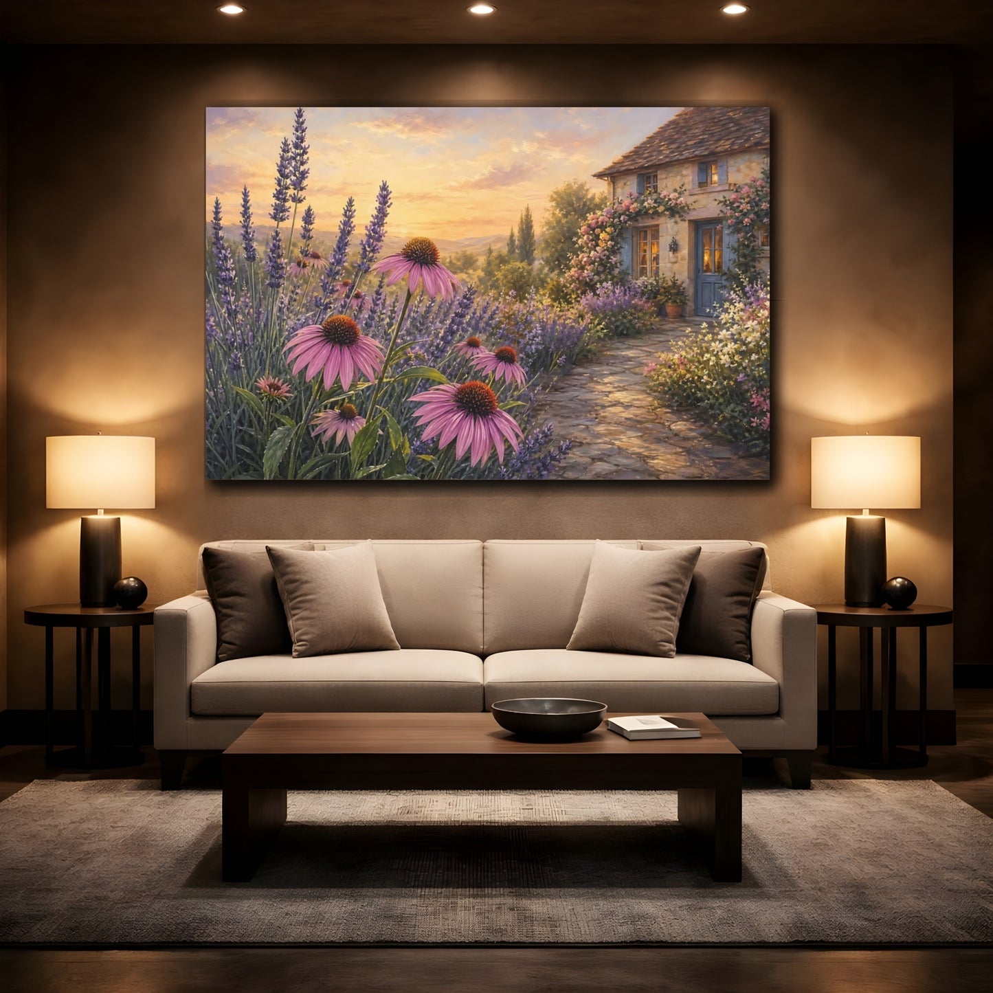 Mockup 2. Nature Lavender Field Lavender Sunset shown as stretched canvas wall art