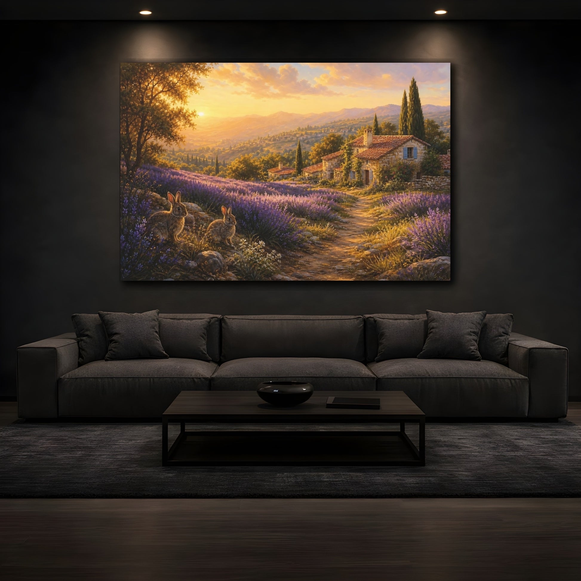 Mockup 3. Nature Lavender Field Lavender Sunset shown as stretched canvas wall art