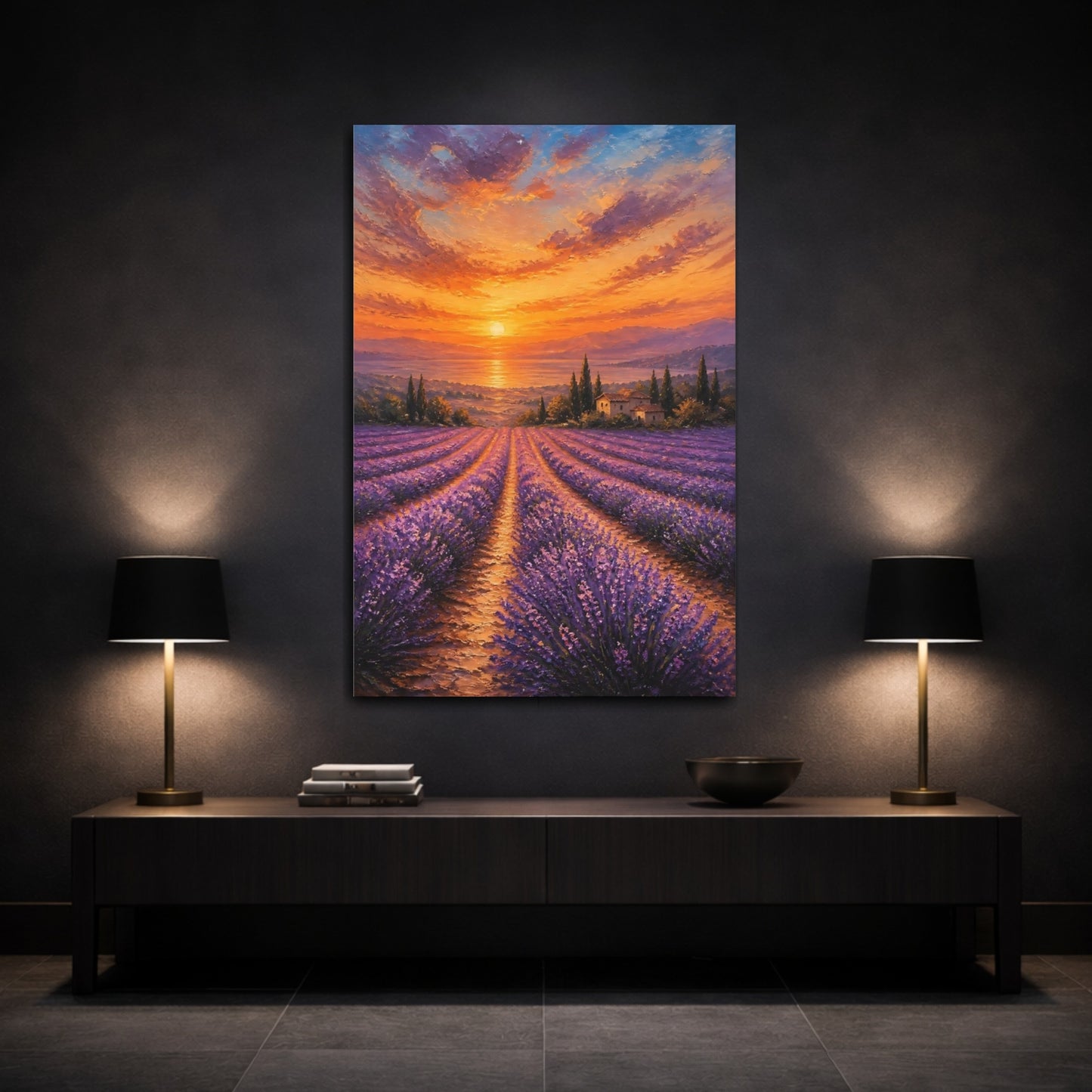 Mockup 3. Nature Lavender Field Lavender Sunset shown as stretched canvas wall art