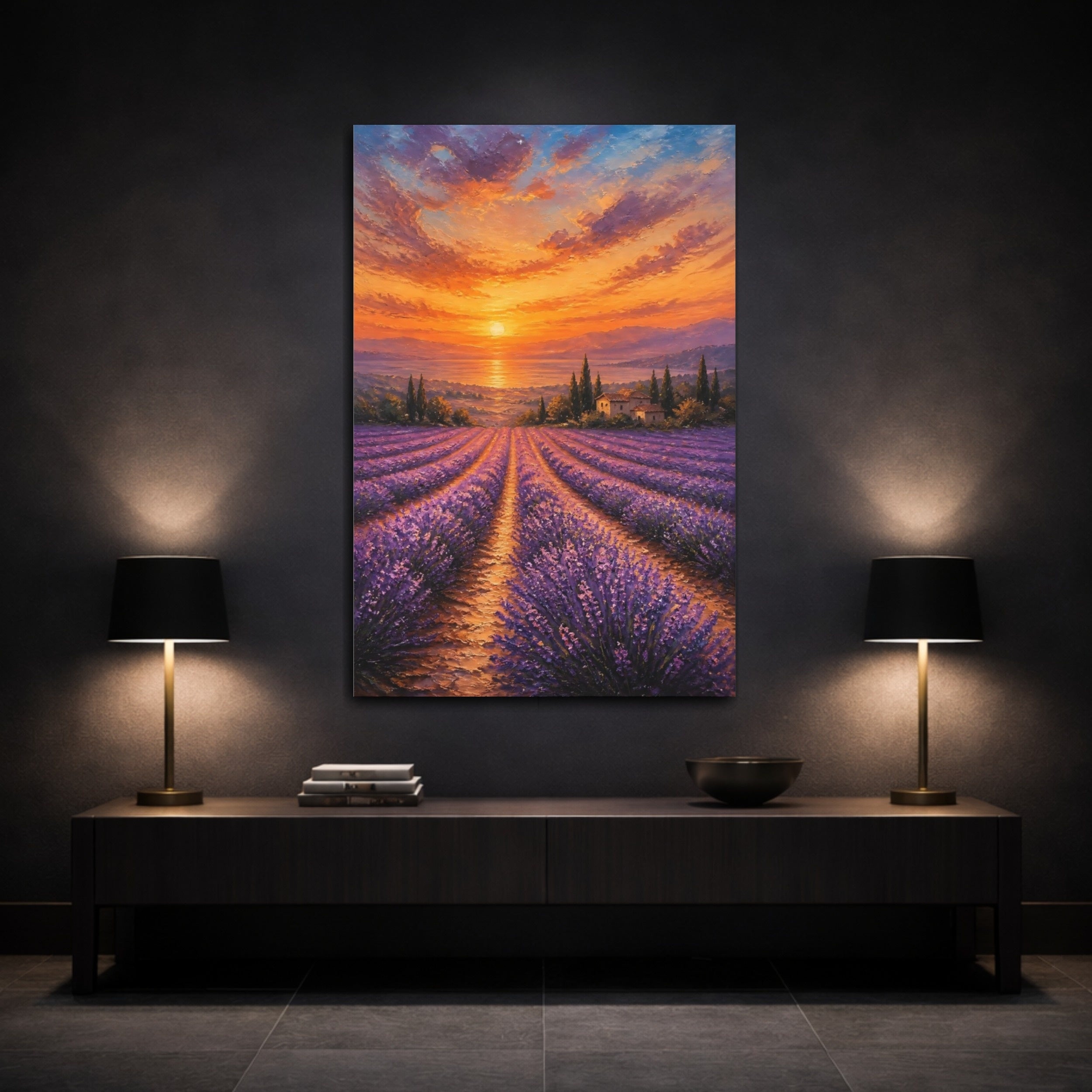 Mockup 3. Nature Lavender Field Lavender Sunset shown as stretched canvas wall art