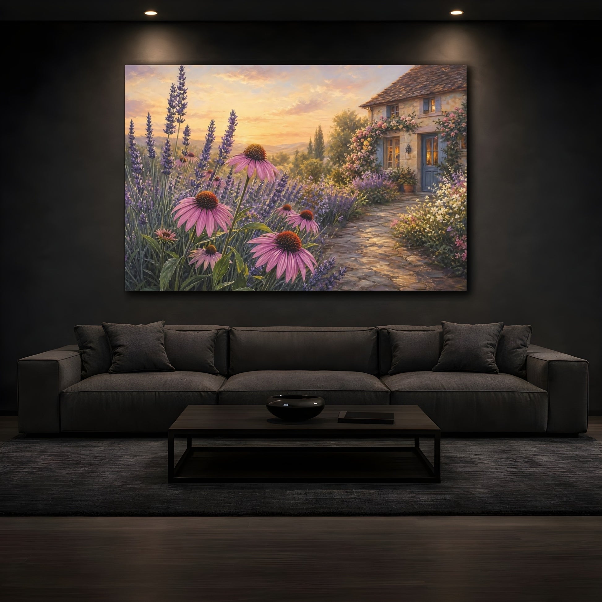 Mockup 3. Nature Lavender Field Lavender Sunset shown as stretched canvas wall art
